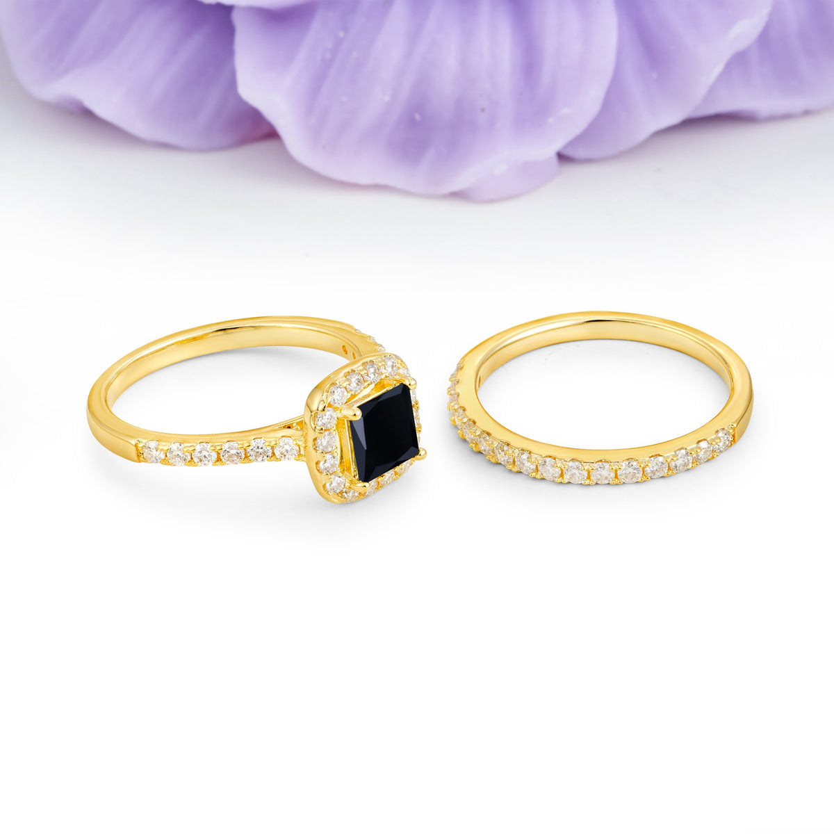 Classic Channel-Set, Luxurious 4-Prong Princess-Cut Black Onyx Bridal Ring Set - Additional view