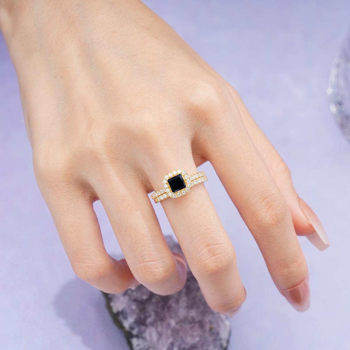 Classic Channel-Set, Luxurious 4-Prong Princess-Cut Black Onyx Bridal Ring Set