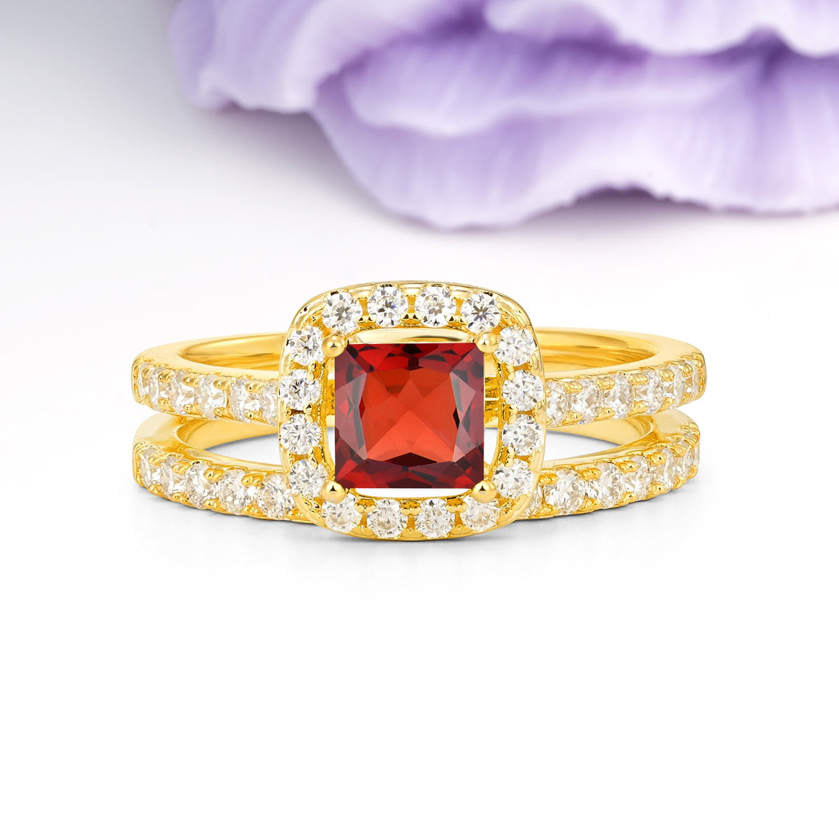 Classic Channel-Set, Luxurious 4-Prong Princess-Cut Garnet Bridal Ring Set - Additional view