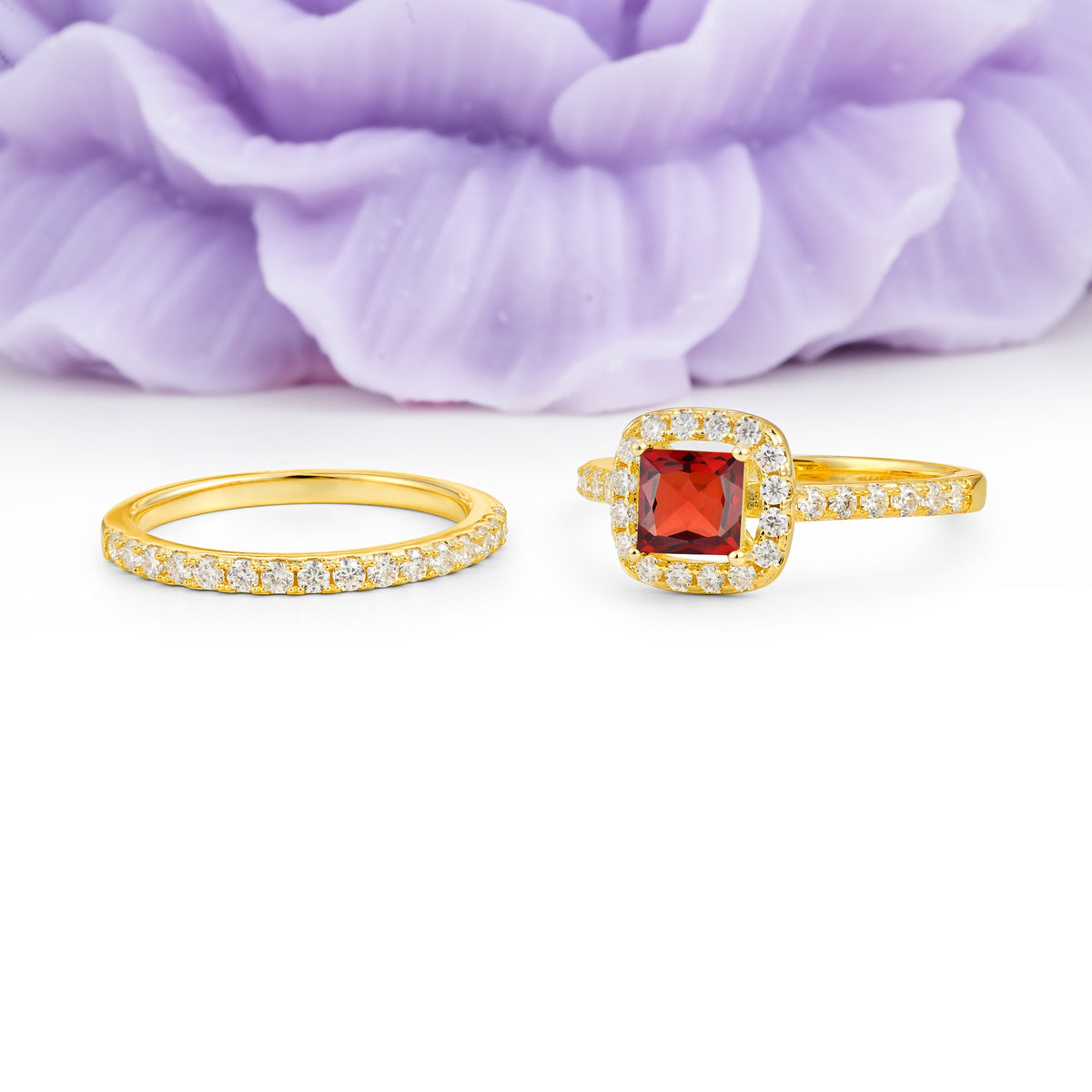 Classic Channel-Set, Luxurious 4-Prong Princess-Cut Garnet Bridal Ring Set - Additional view
