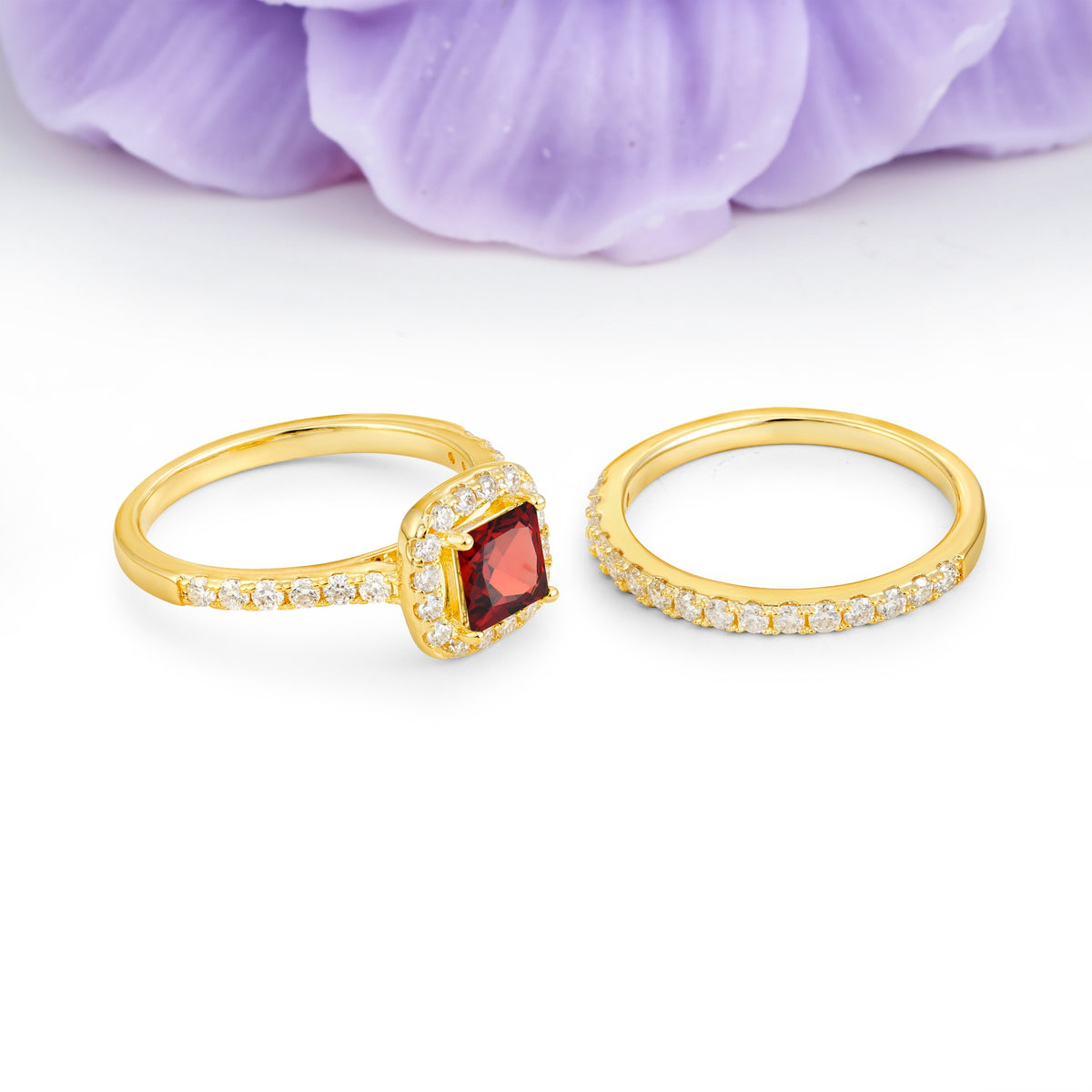 Classic Channel-Set, Luxurious 4-Prong Princess-Cut Garnet Bridal Ring Set - Additional view