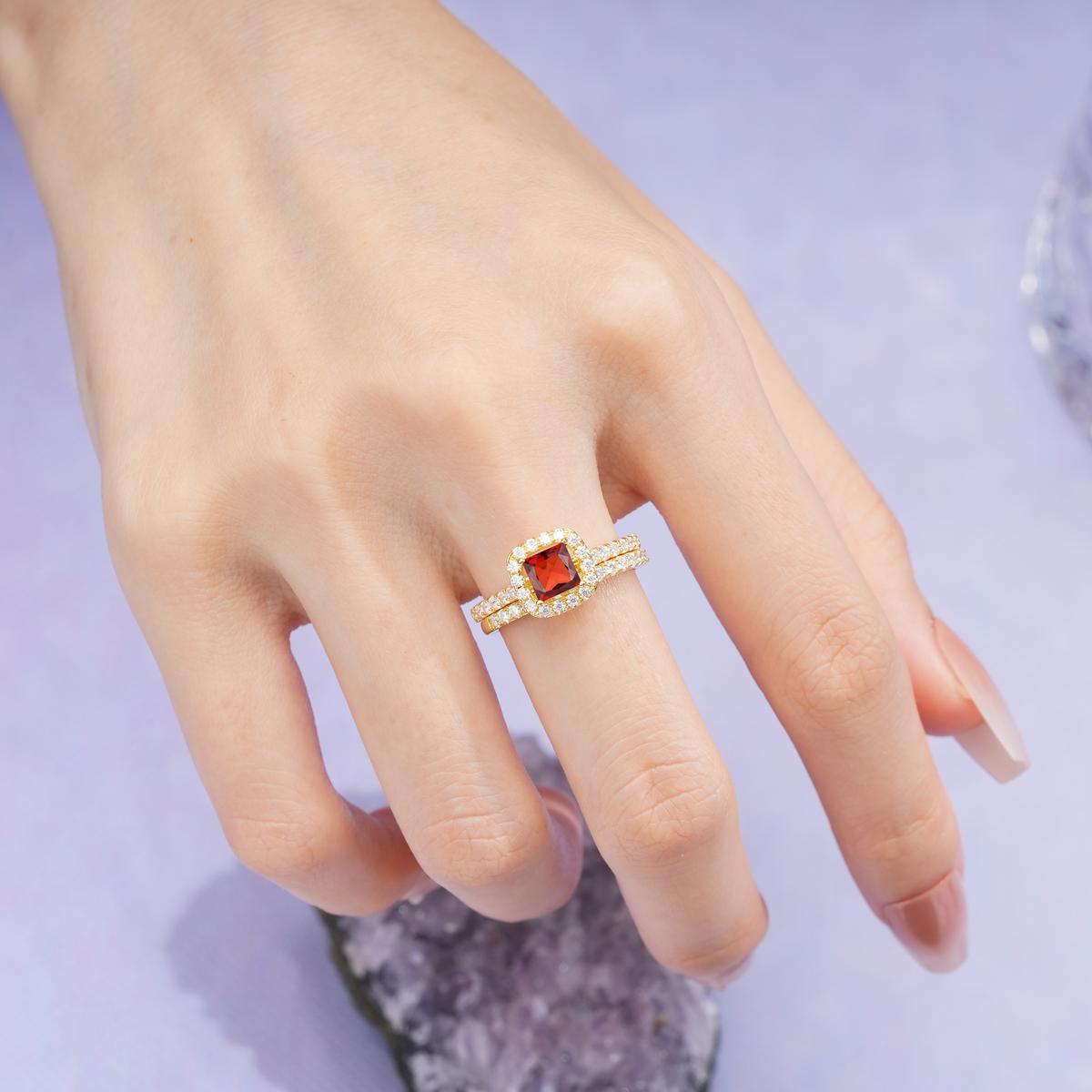 Classic Channel-Set, Luxurious 4-Prong Princess-Cut Garnet Bridal Ring Set