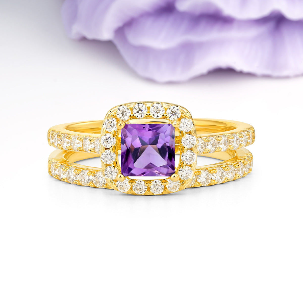 Classic Channel-Set, Luxurious 4-Prong Princess-Cut Amethyst Bridal Ring Set - Additional view
