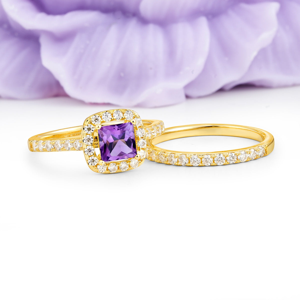 Classic Channel-Set, Luxurious 4-Prong Princess-Cut Amethyst Bridal Ring Set - Additional view