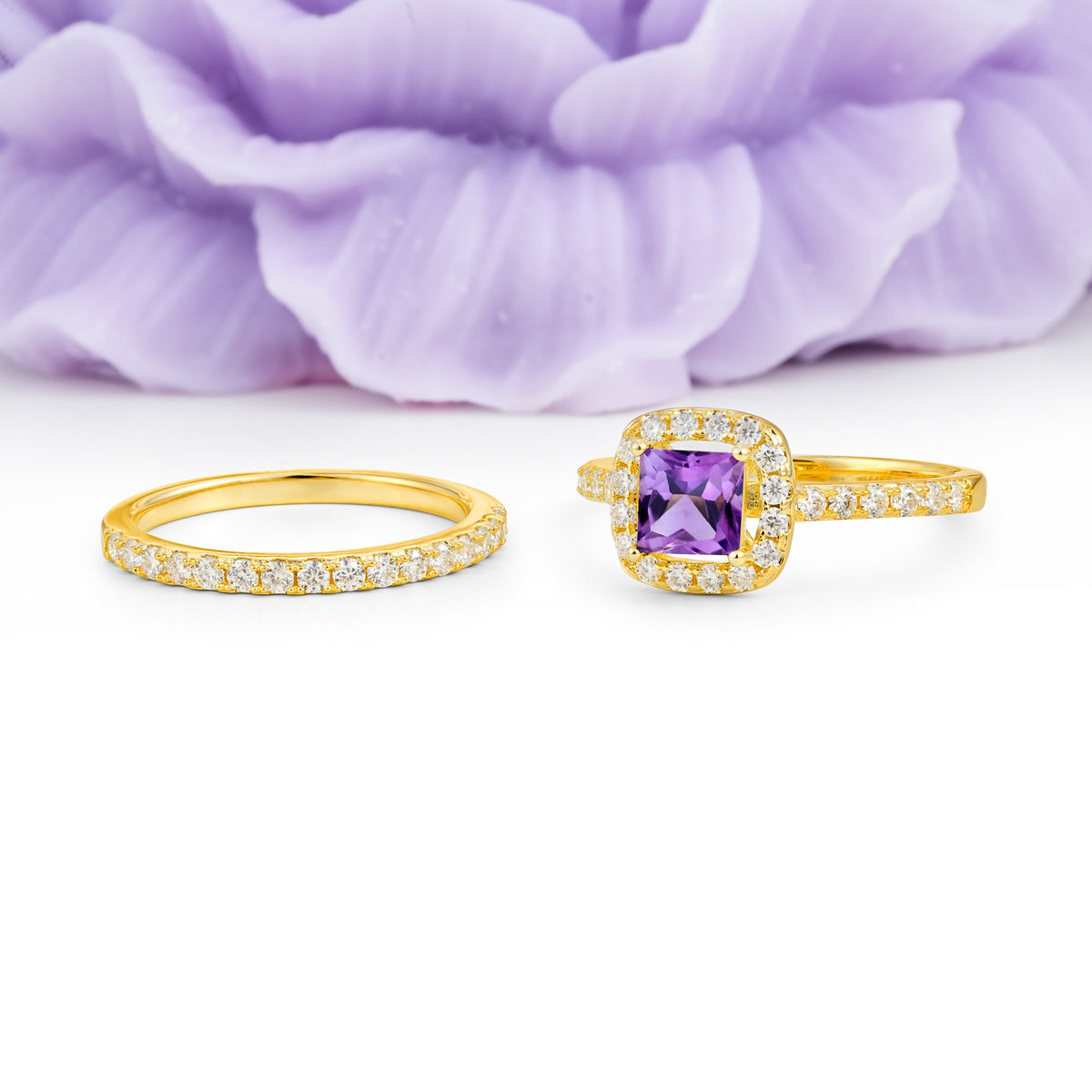 Classic Channel-Set, Luxurious 4-Prong Princess-Cut Amethyst Bridal Ring Set - Additional view