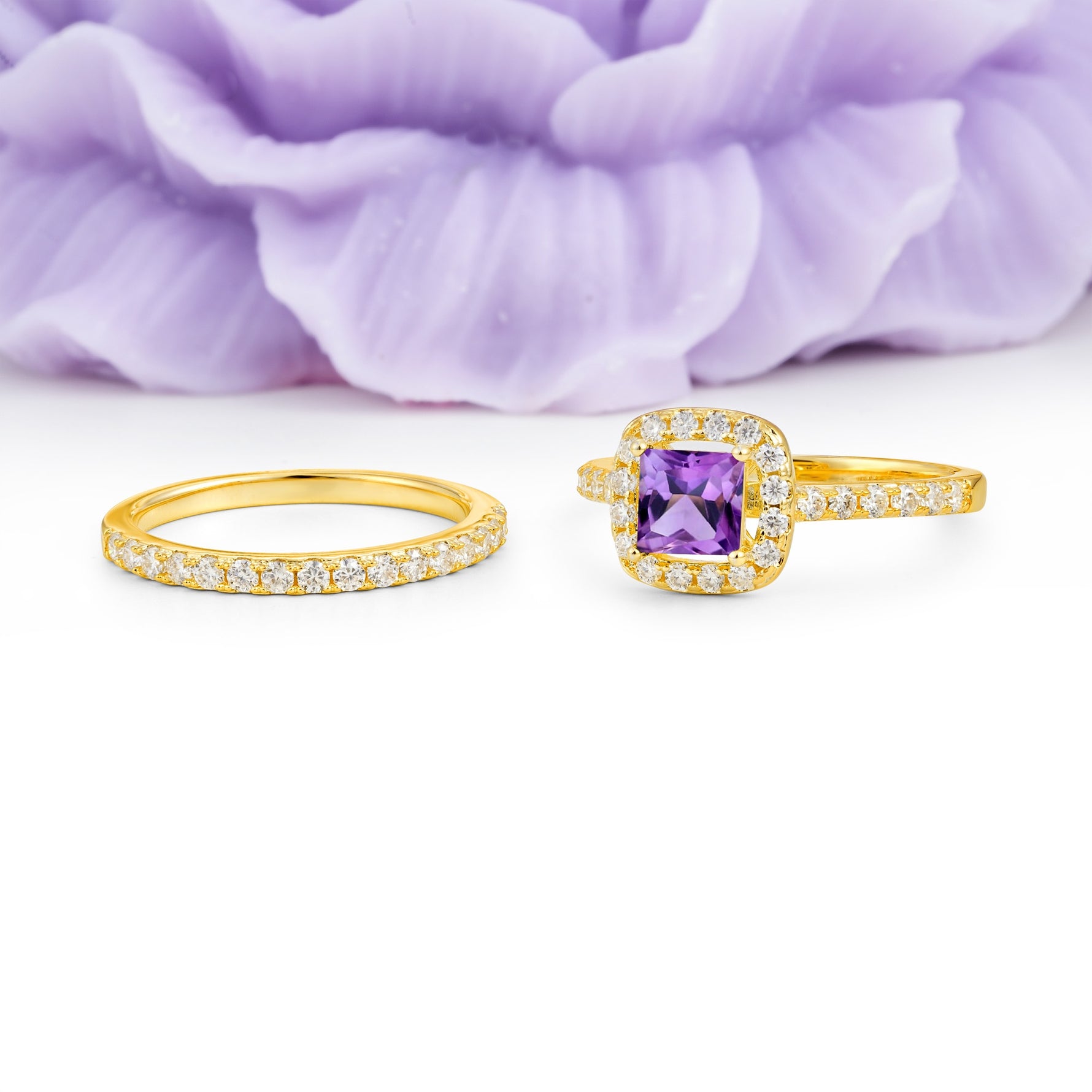Classic Channel-Set, Luxurious 4-Prong Princess-Cut Amethyst Bridal Ring Set - Additional view