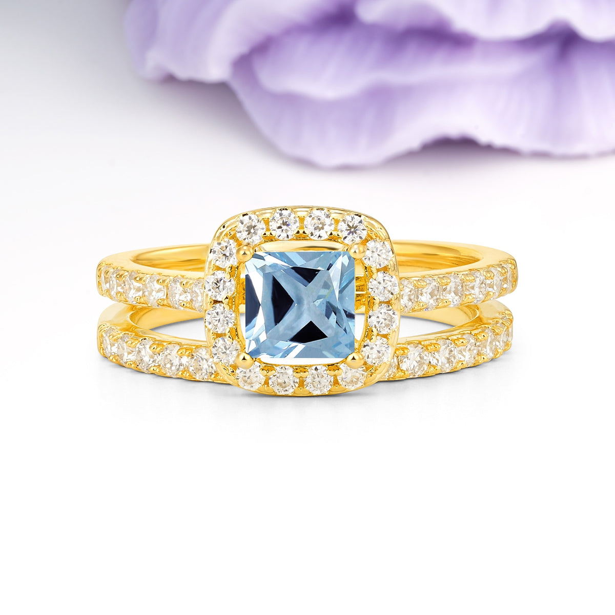 Classic Channel-Set, Luxurious 4-Prong Princess-Cut Aquamarine Bridal Ring Set - Additional view