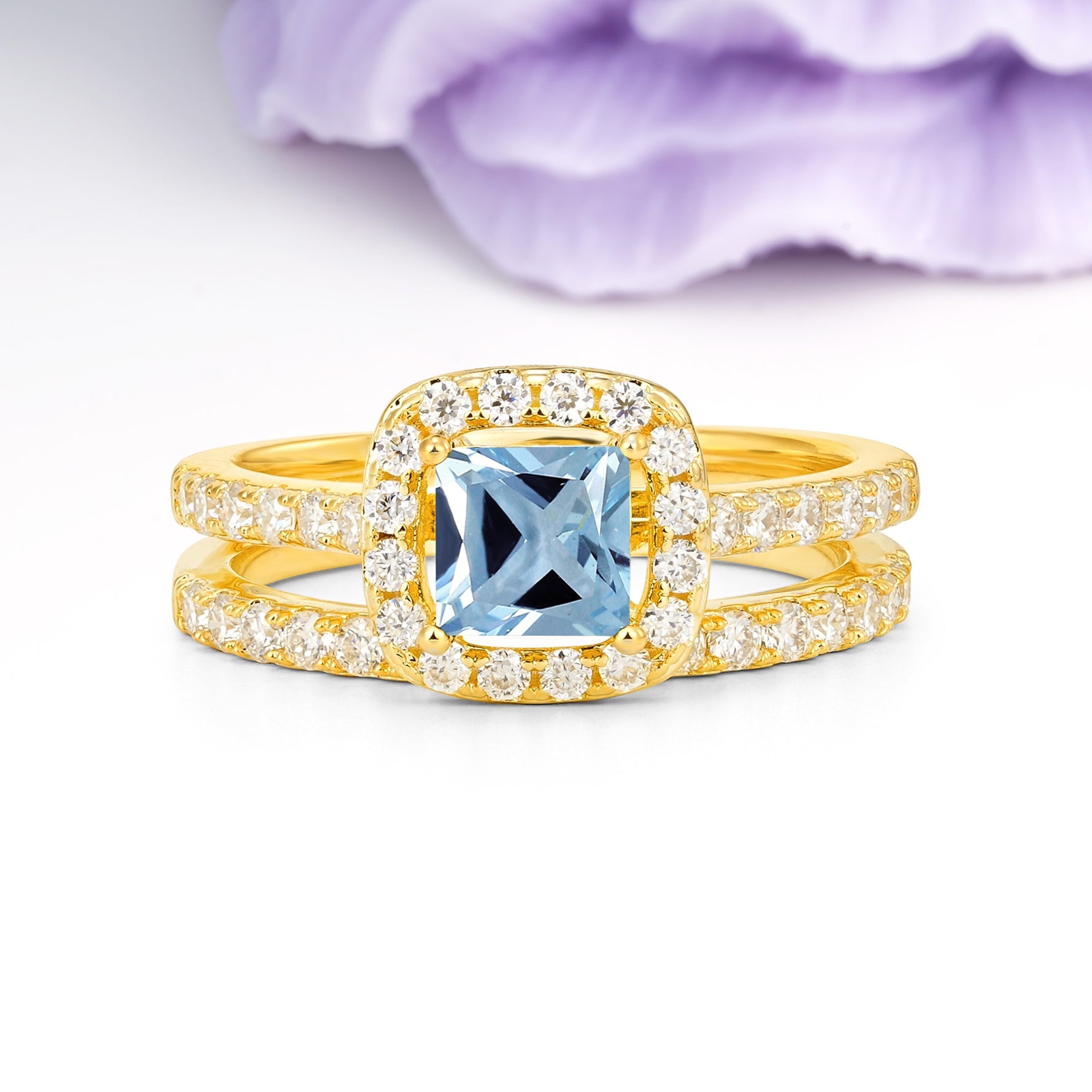 Classic Channel-Set, Luxurious 4-Prong Princess-Cut Aquamarine Bridal Ring Set - Additional view