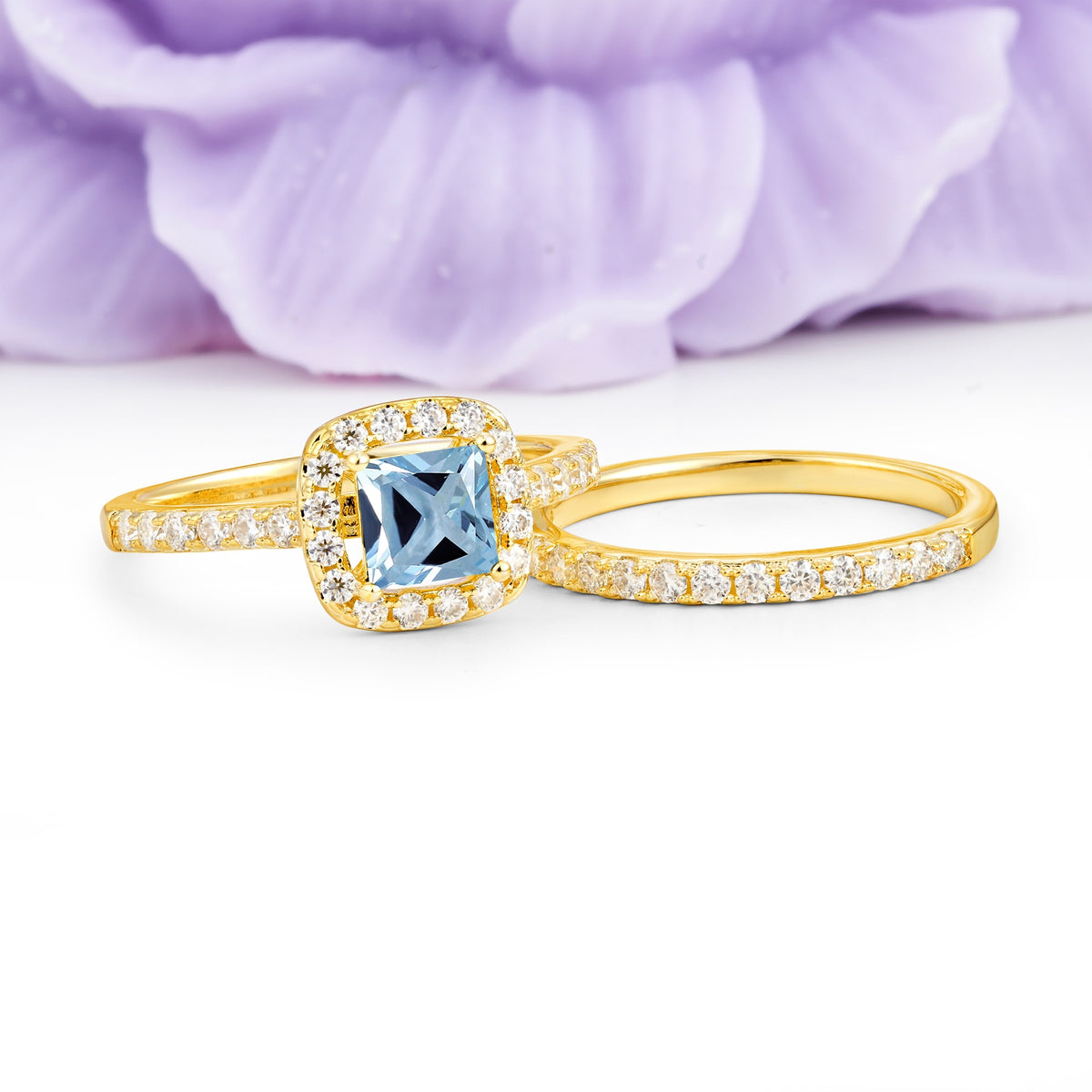 Classic Channel-Set, Luxurious 4-Prong Princess-Cut Aquamarine Bridal Ring Set - Additional view