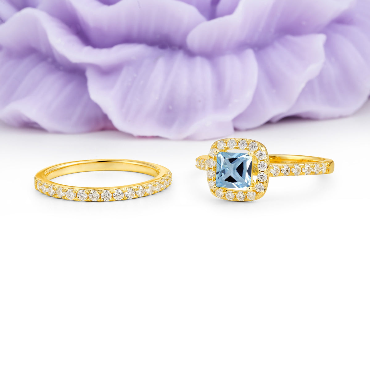 Classic Channel-Set, Luxurious 4-Prong Princess-Cut Aquamarine Bridal Ring Set - Additional view