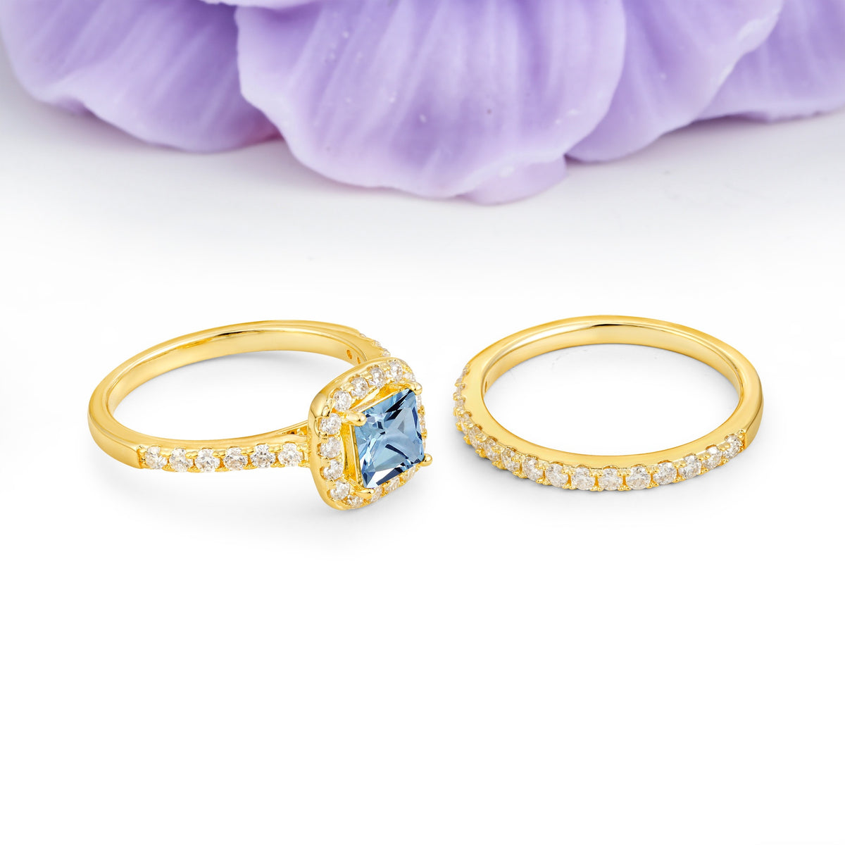 Classic Channel-Set, Luxurious 4-Prong Princess-Cut Aquamarine Bridal Ring Set - Additional view