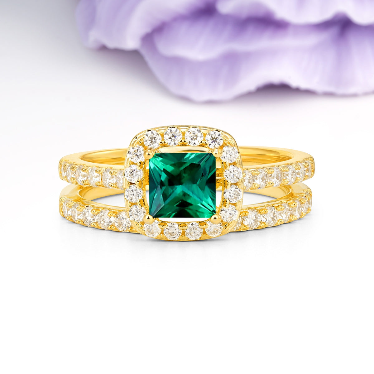 Classic Channel-Set, Luxurious 4-Prong Princess-Cut Emerald Bridal Ring Set - Additional view