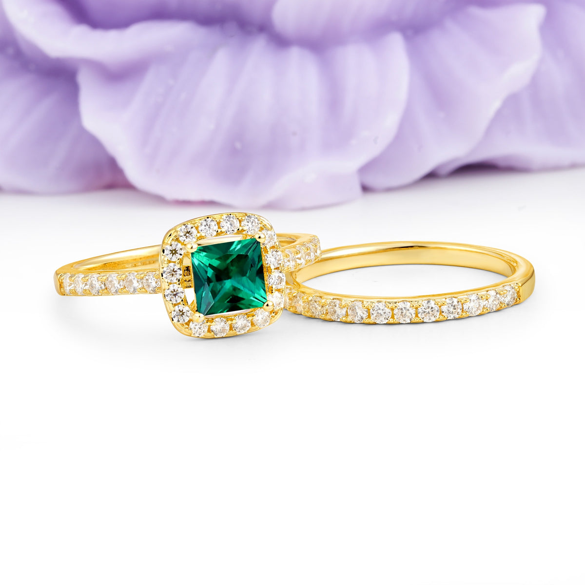 Classic Channel-Set, Luxurious 4-Prong Princess-Cut Emerald Bridal Ring Set - Additional view