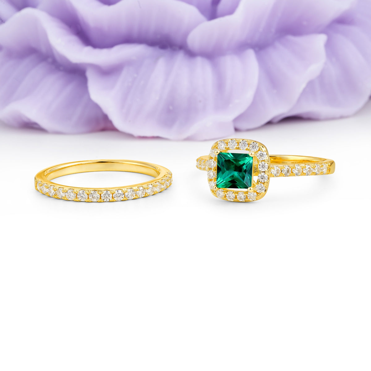 Classic Channel-Set, Luxurious 4-Prong Princess-Cut Emerald Bridal Ring Set - Additional view