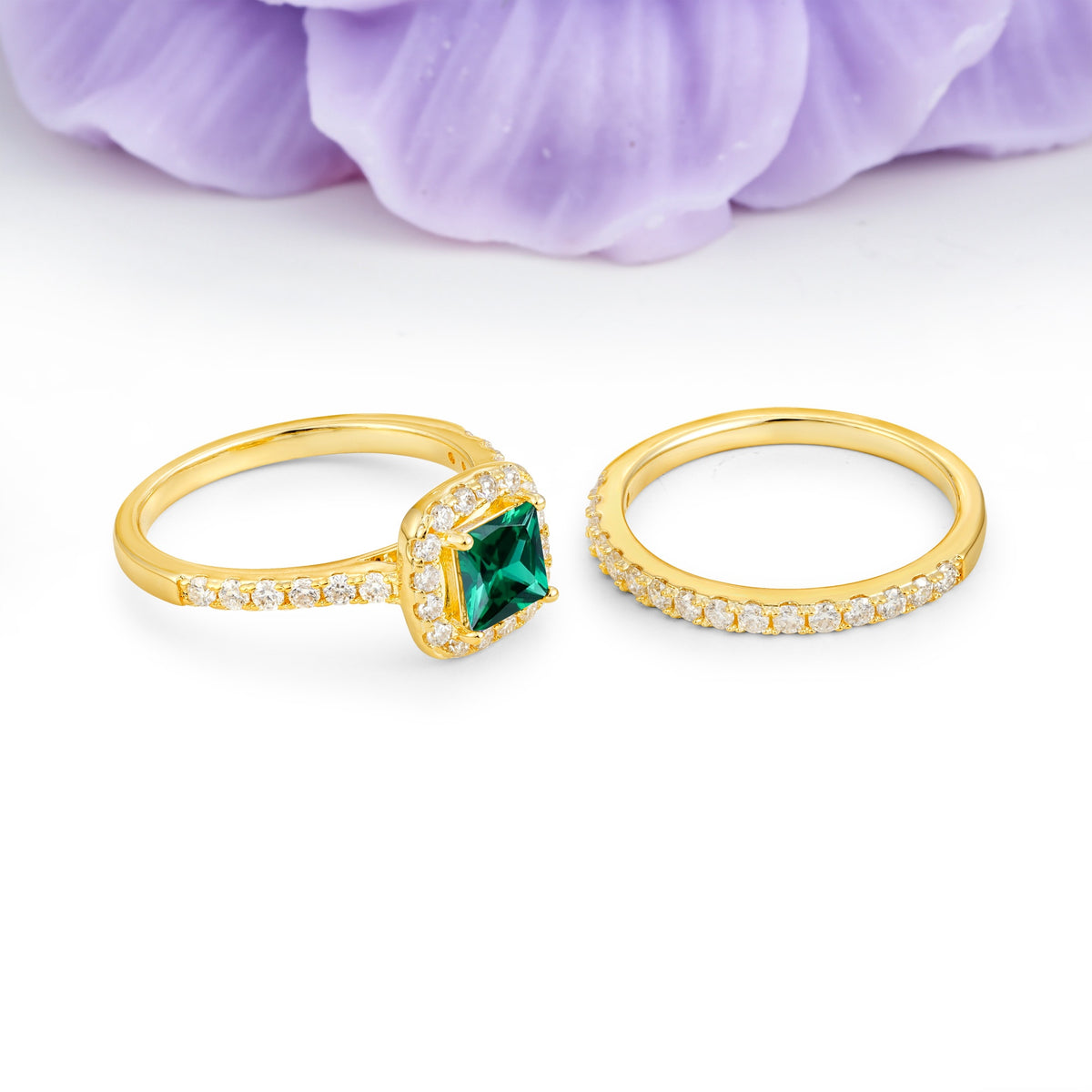 Classic Channel-Set, Luxurious 4-Prong Princess-Cut Emerald Bridal Ring Set - Additional view