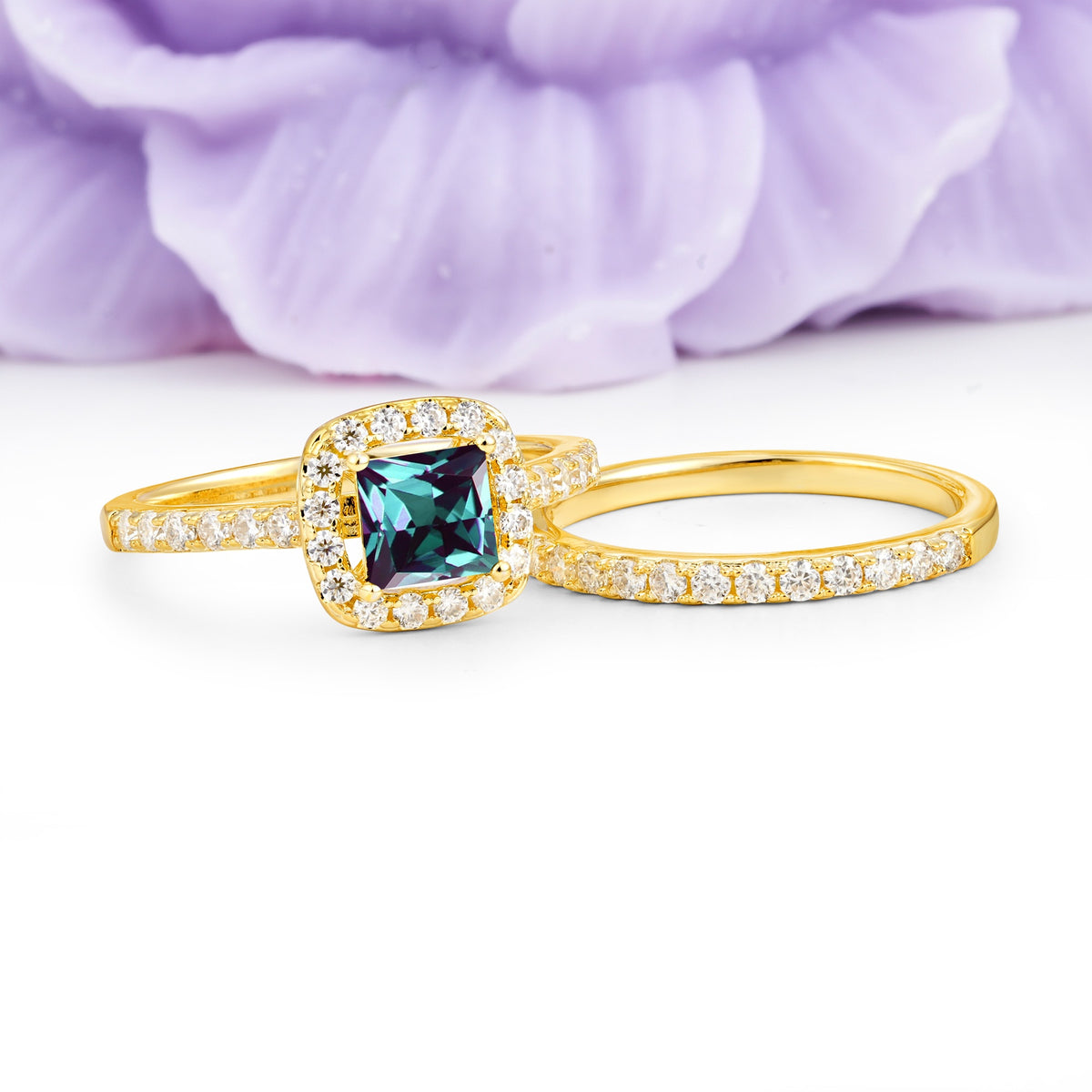 Classic Channel-Set, Luxurious 4-Prong Princess-Cut Alexandrite Bridal Ring Set - Additional view