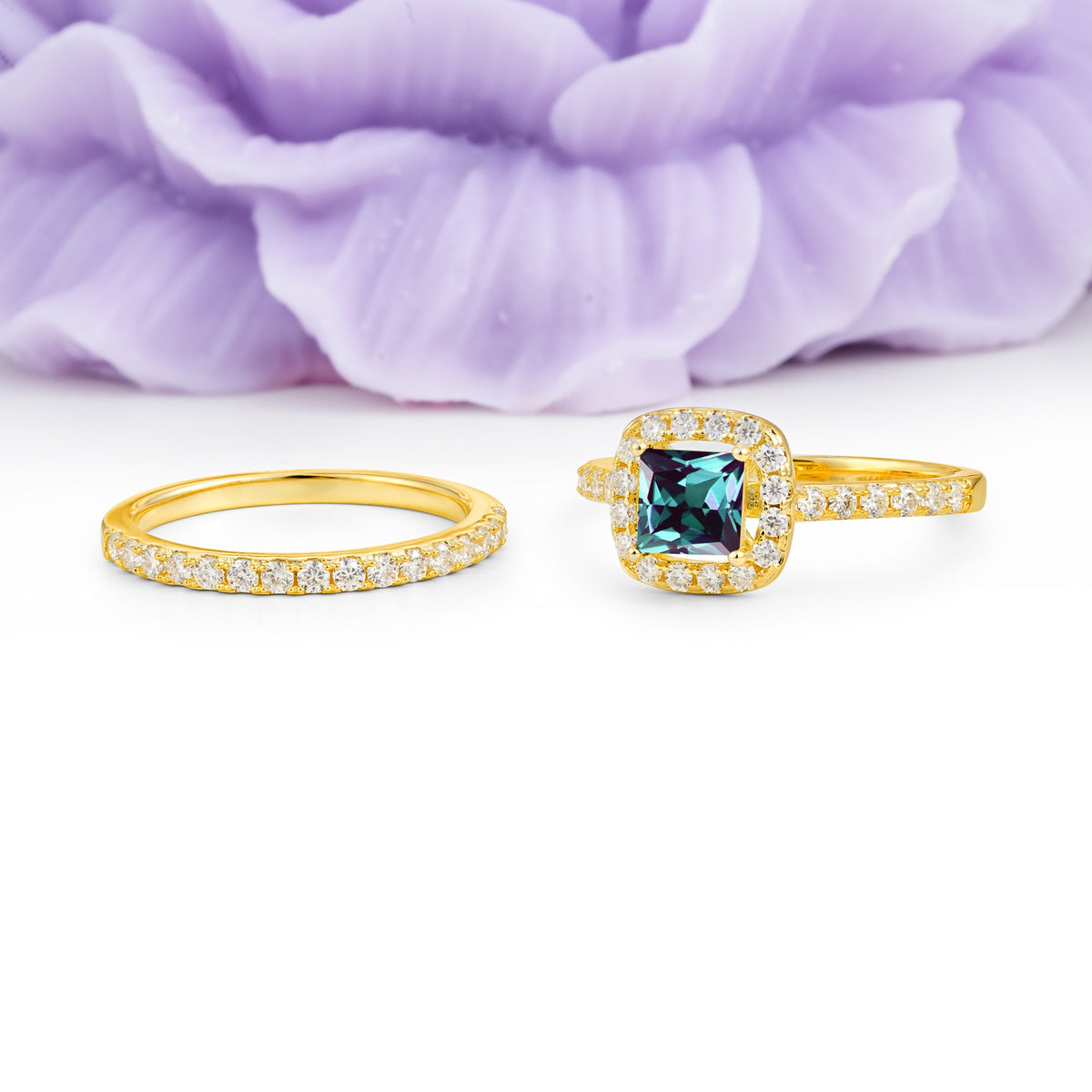 Classic Channel-Set, Luxurious 4-Prong Princess-Cut Alexandrite Bridal Ring Set - Additional view