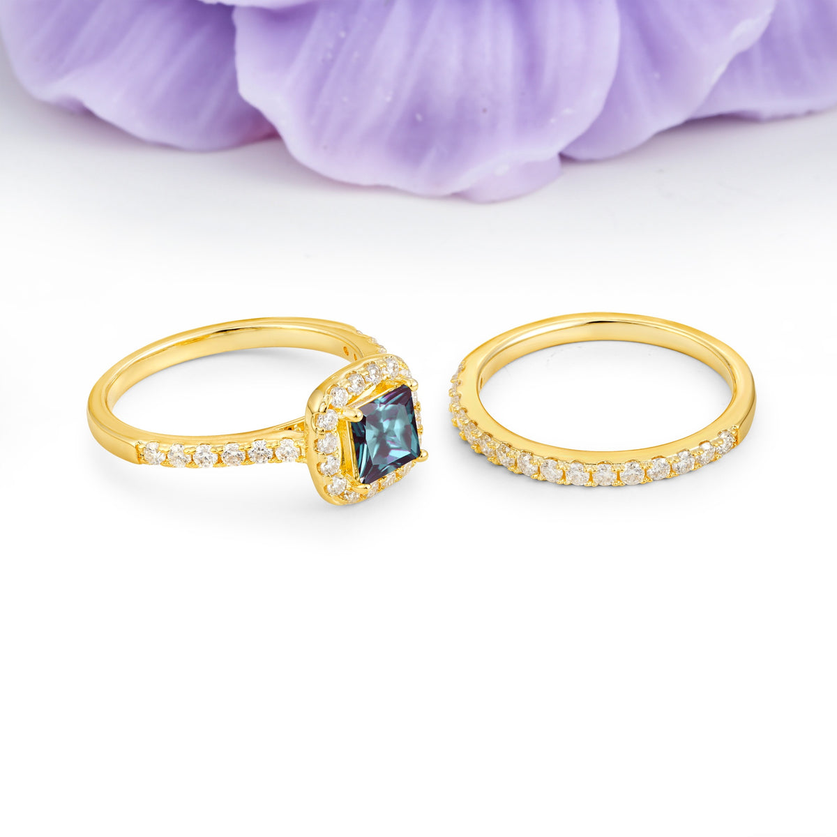Classic Channel-Set, Luxurious 4-Prong Princess-Cut Alexandrite Bridal Ring Set - Additional view