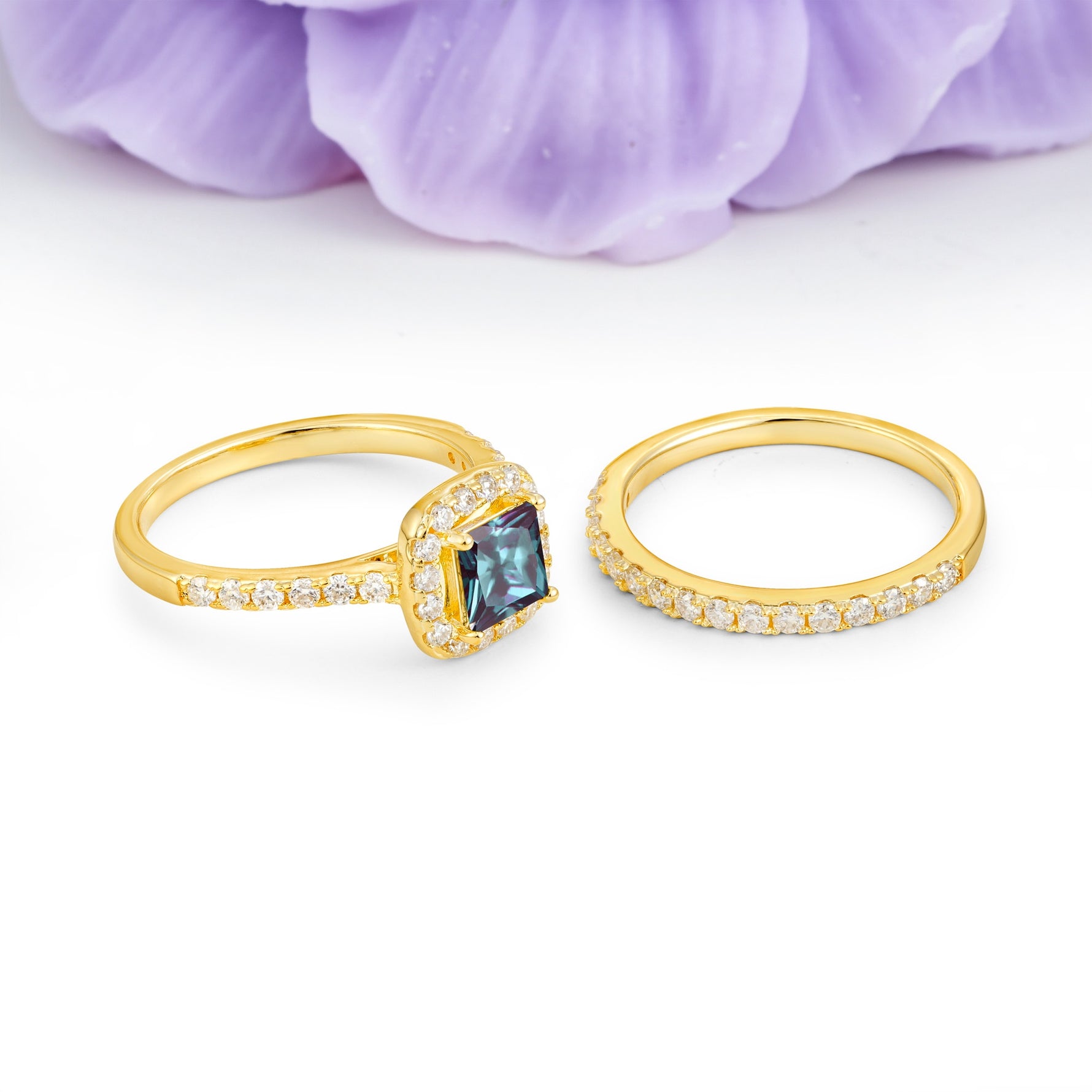 Classic Channel-Set, Luxurious 4-Prong Princess-Cut Alexandrite Bridal Ring Set - Additional view