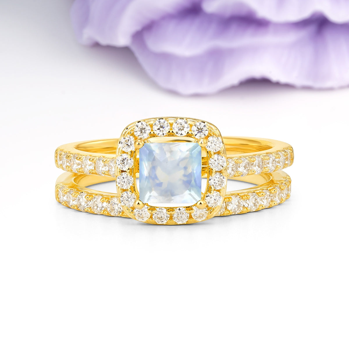Classic Channel-Set, Luxurious 4-Prong Princess-Cut Moonstone Bridal Ring Set - Additional view