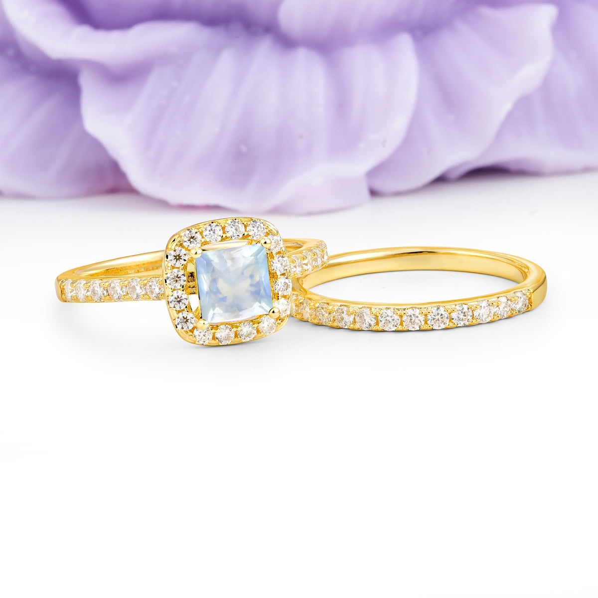 Classic Channel-Set, Luxurious 4-Prong Princess-Cut Moonstone Bridal Ring Set - Additional view