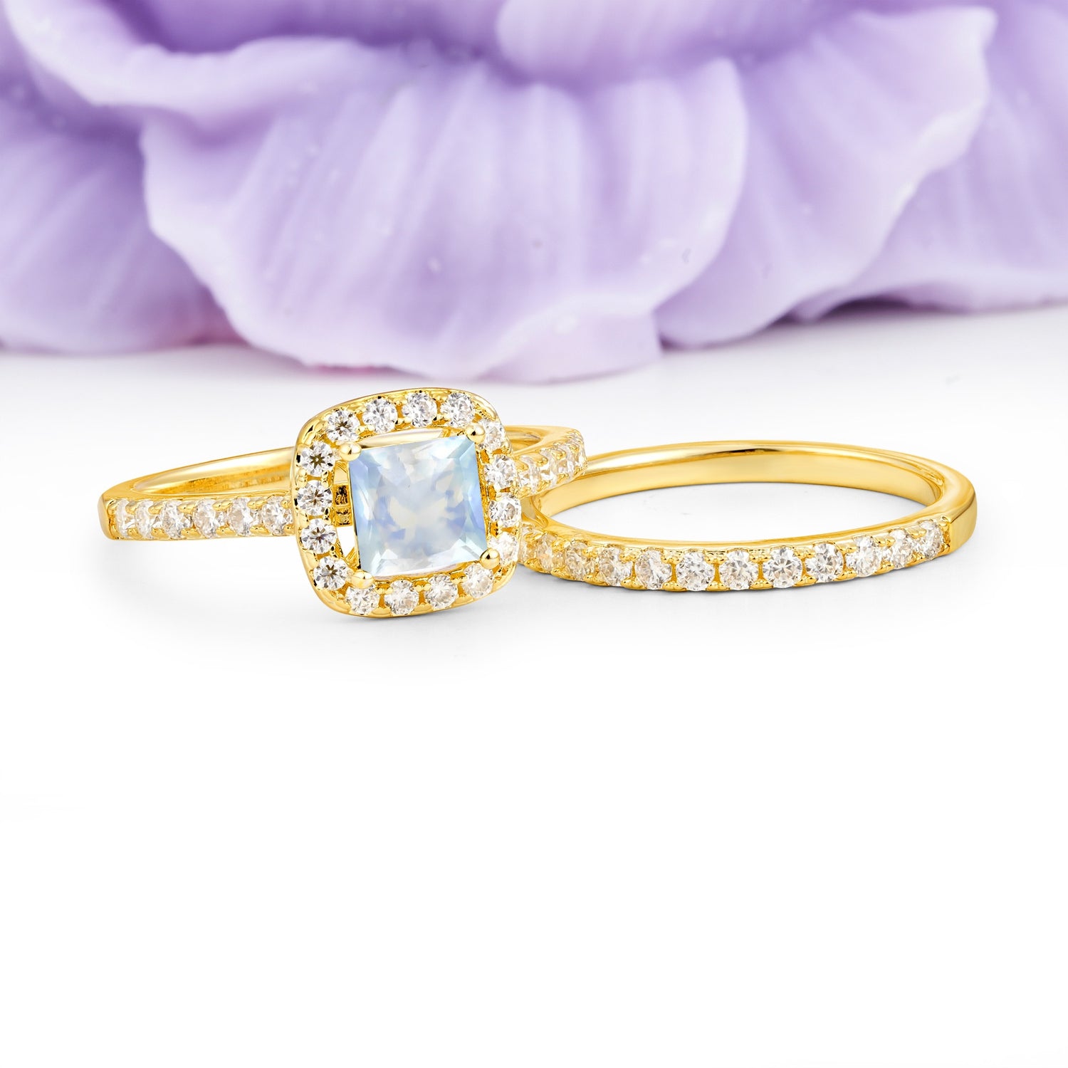 Classic Channel-Set, Luxurious 4-Prong Princess-Cut Moonstone Bridal Ring Set - Additional view