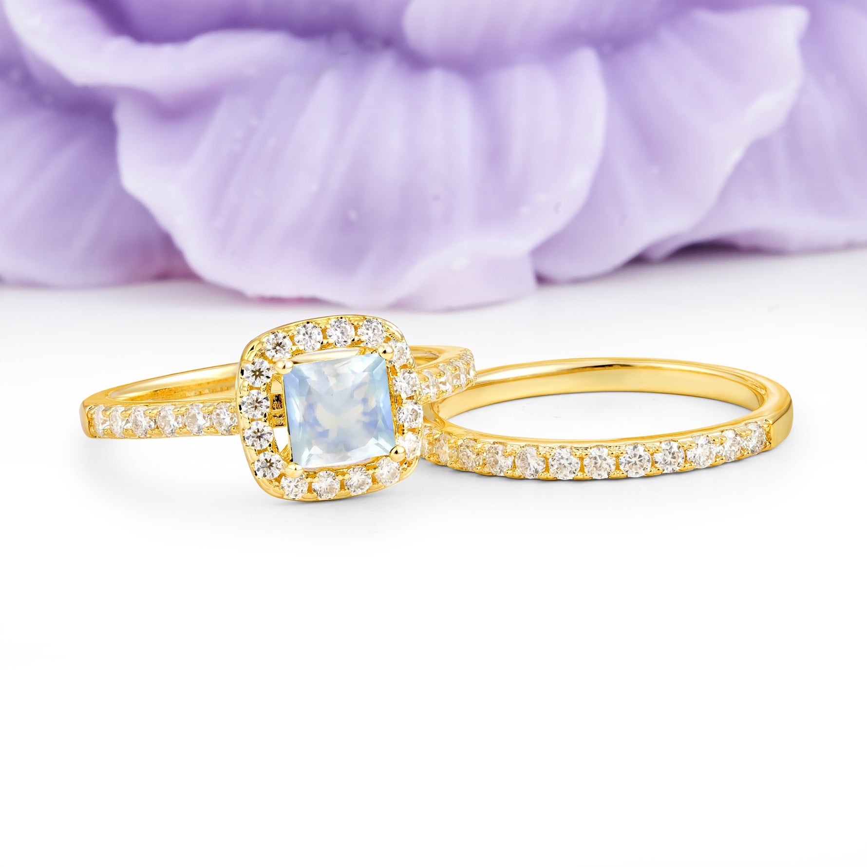 Classic Channel-Set, Luxurious 4-Prong Princess-Cut Moonstone Bridal Ring Set - Additional view