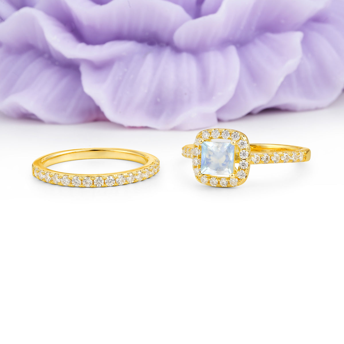 Classic Channel-Set, Luxurious 4-Prong Princess-Cut Moonstone Bridal Ring Set - Additional view