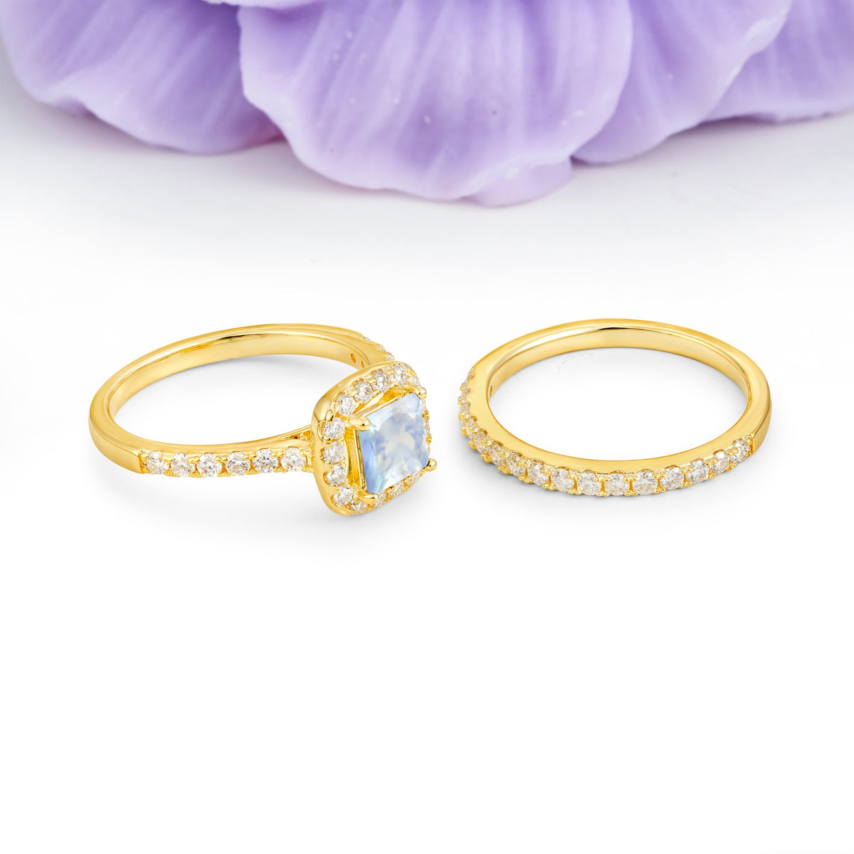 Classic Channel-Set, Luxurious 4-Prong Princess-Cut Moonstone Bridal Ring Set - Additional view