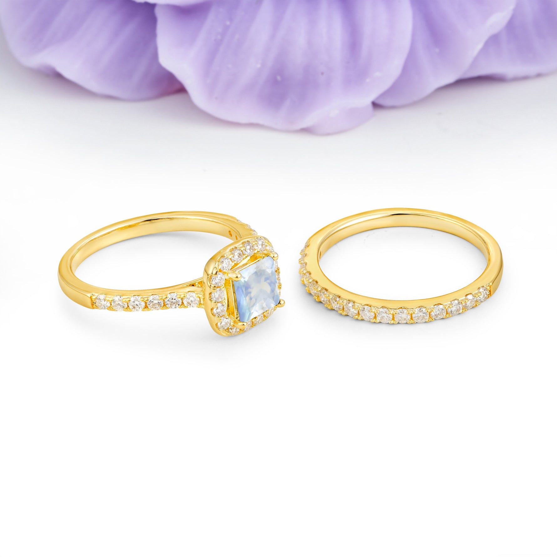 Classic Channel-Set, Luxurious 4-Prong Princess-Cut Moonstone Bridal Ring Set - Additional view
