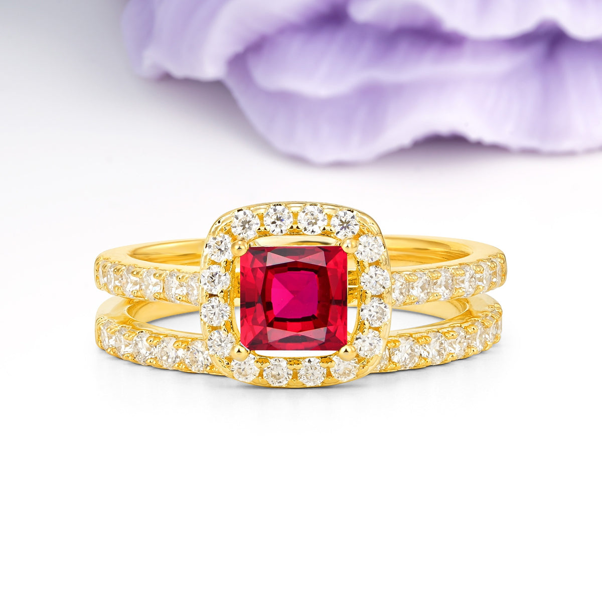 Classic Channel-Set, Luxurious 4-Prong Princess-Cut Ruby Bridal Ring Set - Additional view