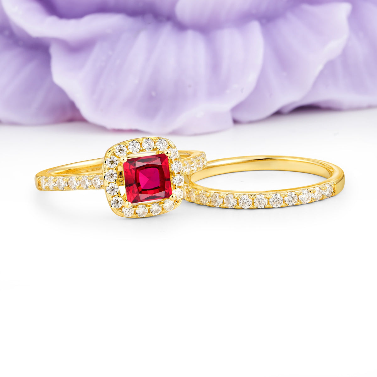 Classic Channel-Set, Luxurious 4-Prong Princess-Cut Ruby Bridal Ring Set - Additional view