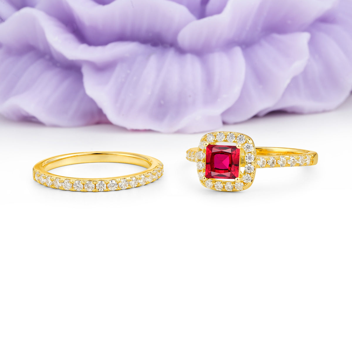 Classic Channel-Set, Luxurious 4-Prong Princess-Cut Ruby Bridal Ring Set - Additional view