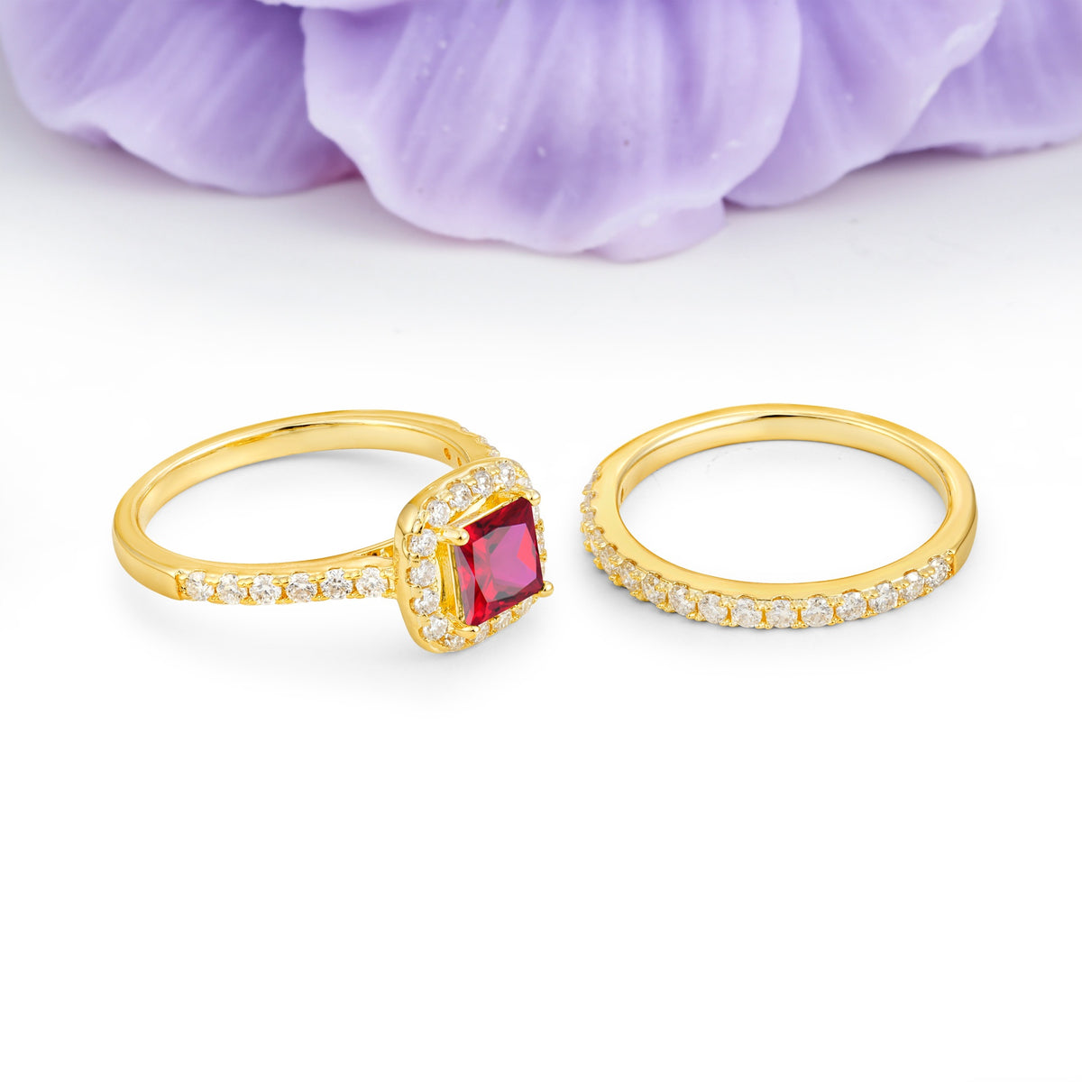 Classic Channel-Set, Luxurious 4-Prong Princess-Cut Ruby Bridal Ring Set - Additional view