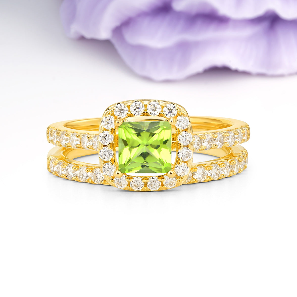 Classic Channel-Set, Luxurious 4-Prong Princess-Cut Peridot Bridal Ring Set - Additional view