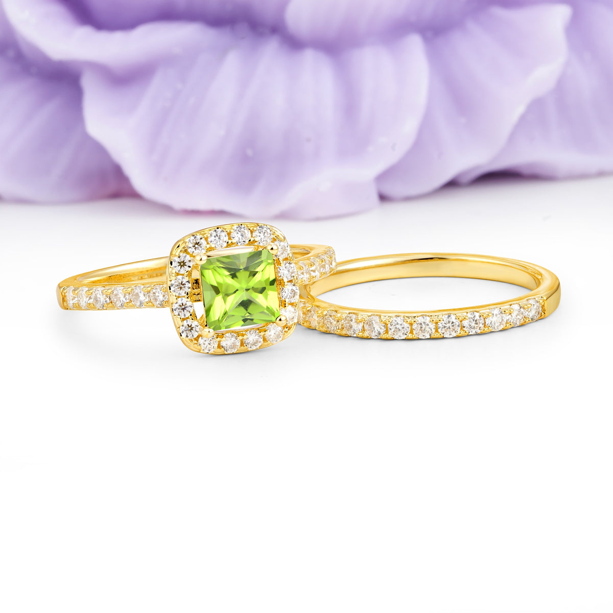 Classic Channel-Set, Luxurious 4-Prong Princess-Cut Peridot Bridal Ring Set - Additional view