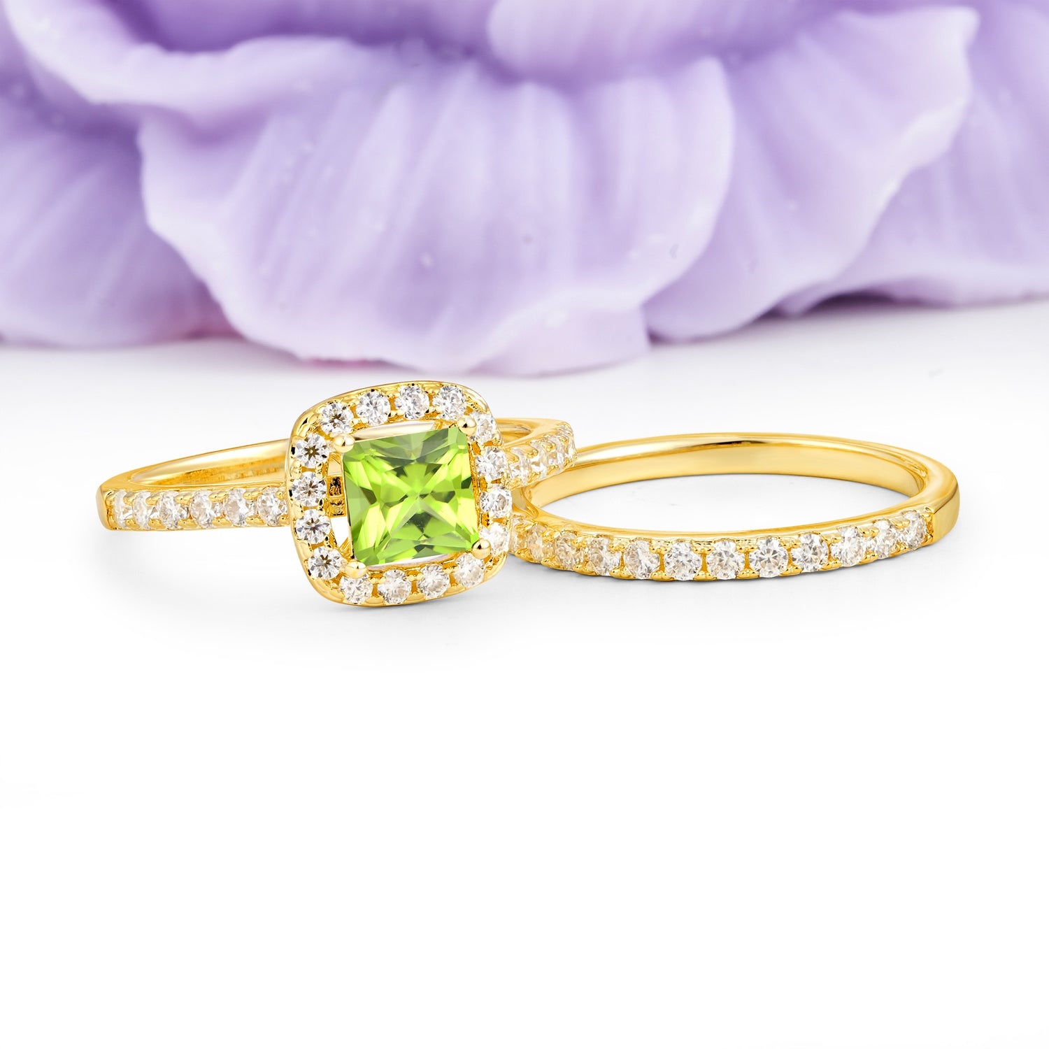 Classic Channel-Set, Luxurious 4-Prong Princess-Cut Peridot Bridal Ring Set - Additional view