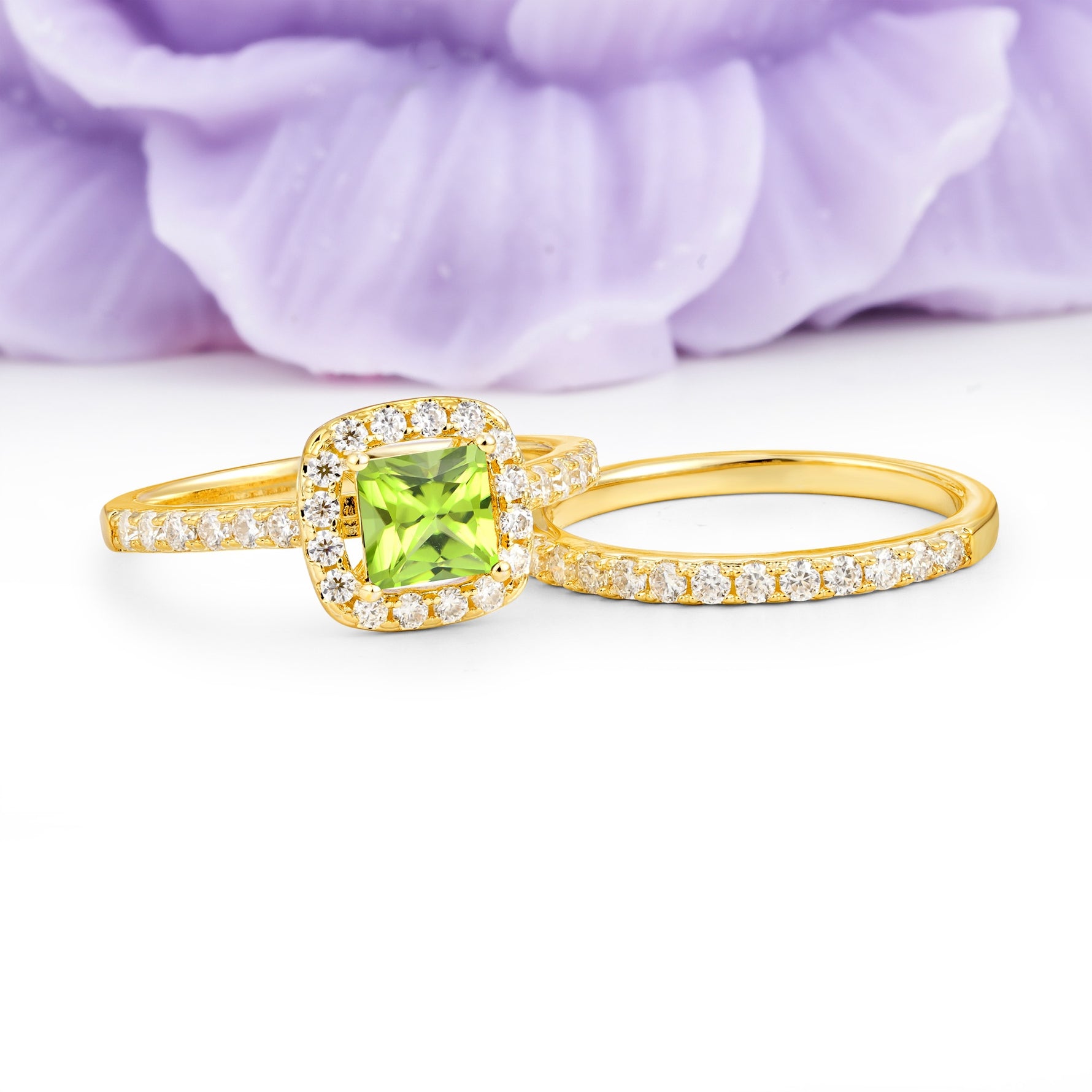 Classic Channel-Set, Luxurious 4-Prong Princess-Cut Peridot Bridal Ring Set - Additional view