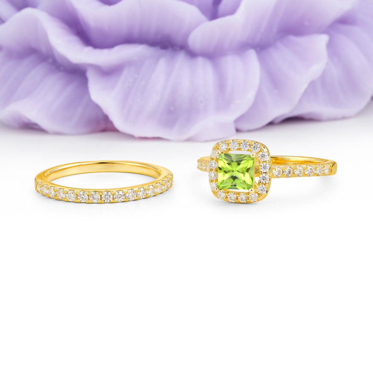 Classic Channel-Set, Luxurious 4-Prong Princess-Cut Peridot Bridal Ring Set - Additional view
