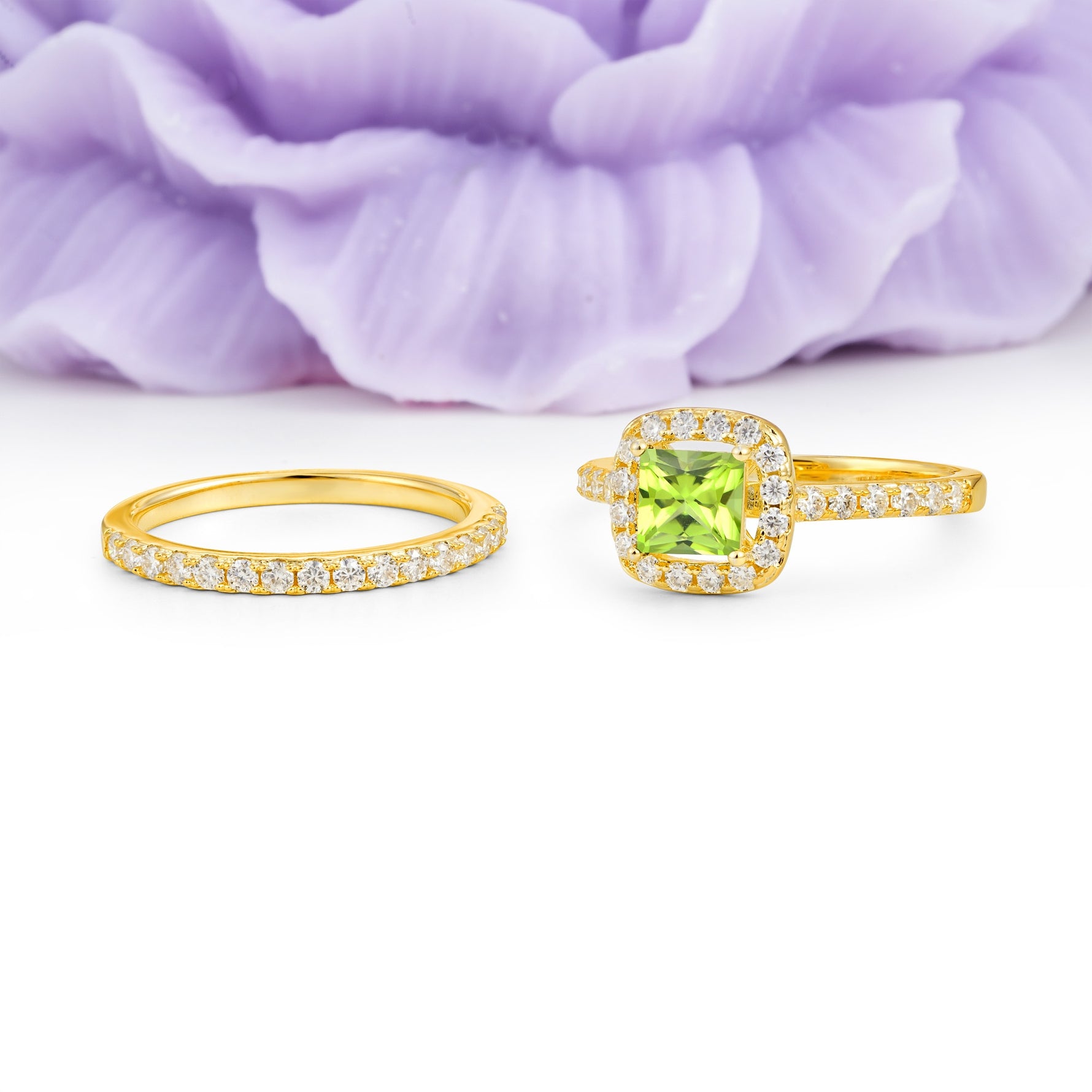 Classic Channel-Set, Luxurious 4-Prong Princess-Cut Peridot Bridal Ring Set - Additional view