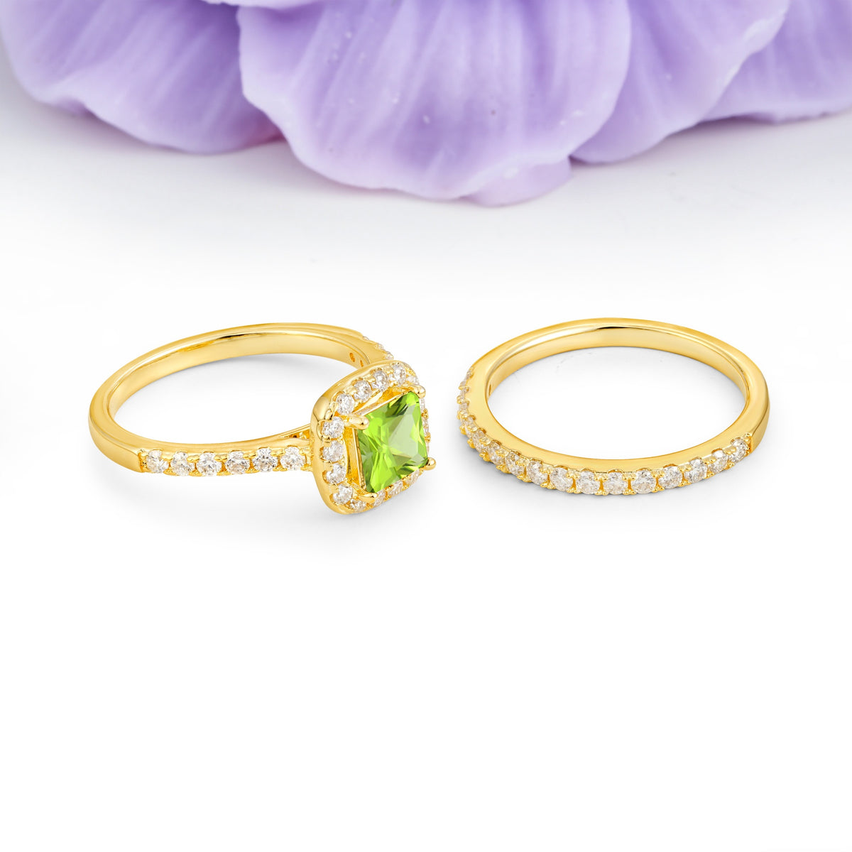 Classic Channel-Set, Luxurious 4-Prong Princess-Cut Peridot Bridal Ring Set - Additional view