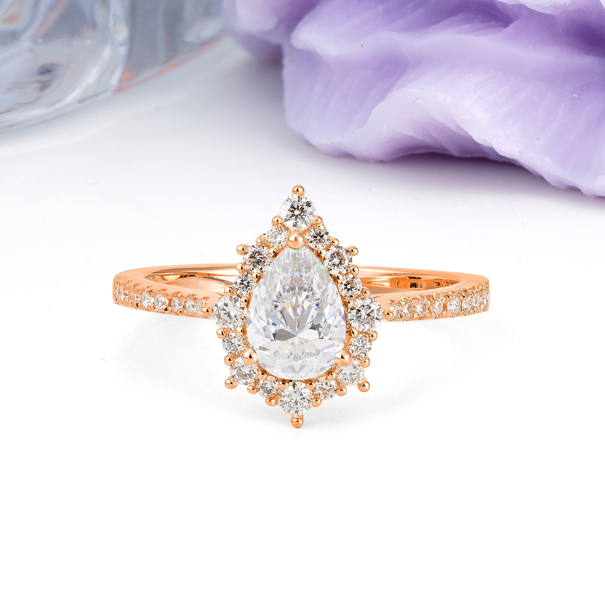 Classic Pavé-Set, Luxurious 3-Prong Pear-Cut Moissanite Engagement Ring - Additional view