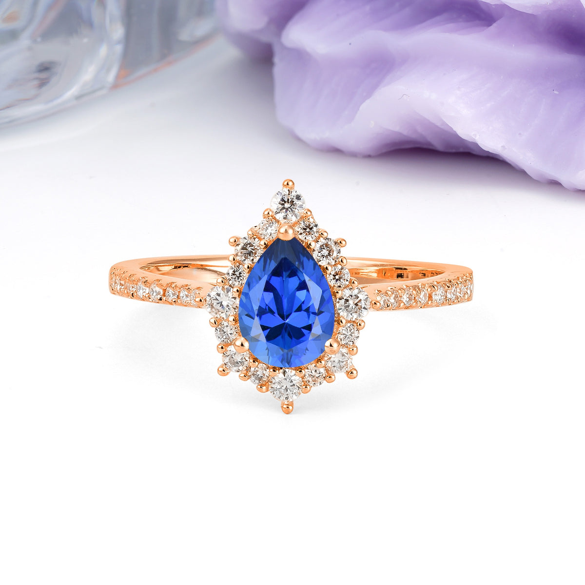 Classic Pavé-Set, Luxurious 3-Prong Pear-Cut Sapphire Engagement Ring - Additional view