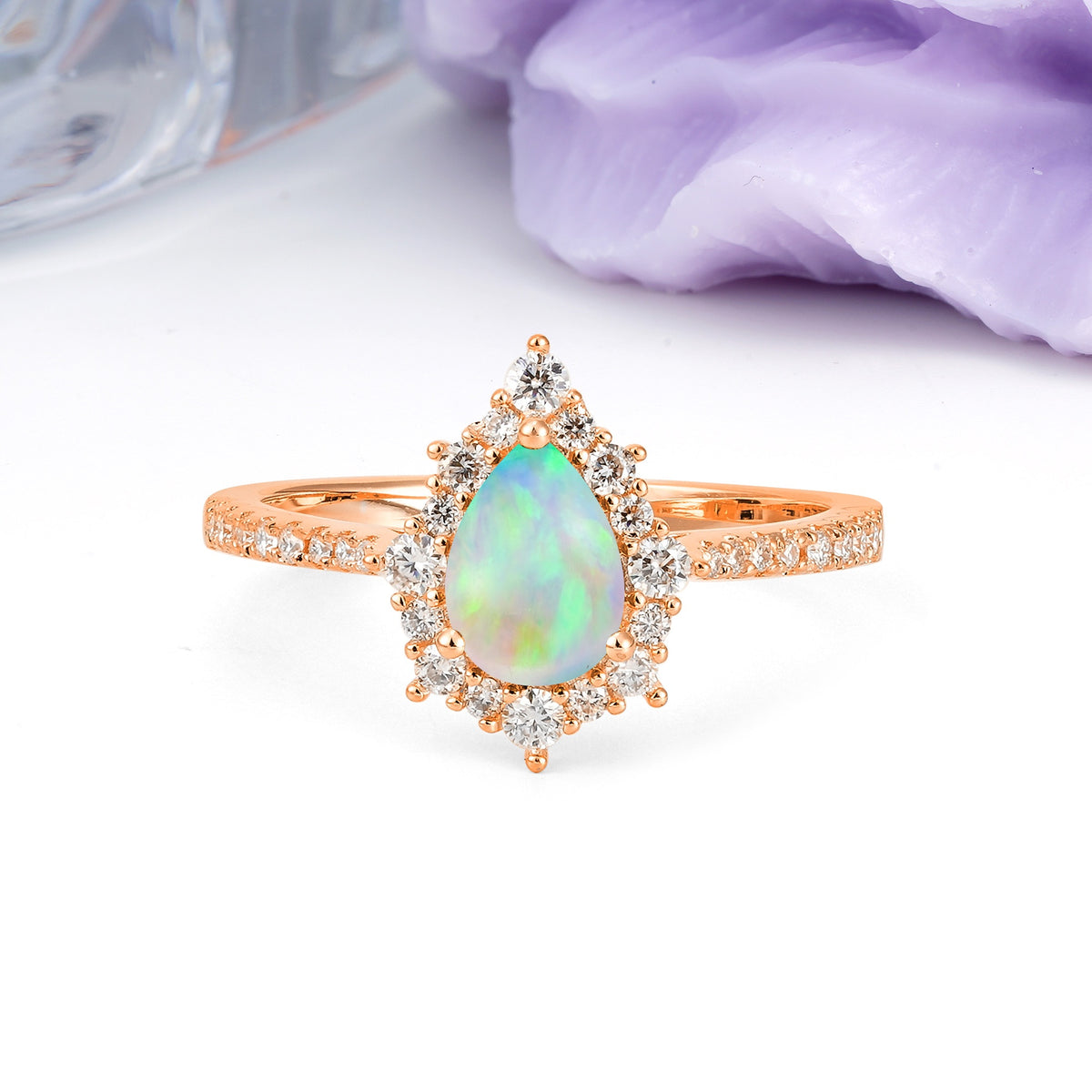 Classic Pavé-Set, Luxurious 3-Prong Pear-Cut Fire Opal Engagement Ring - Additional view