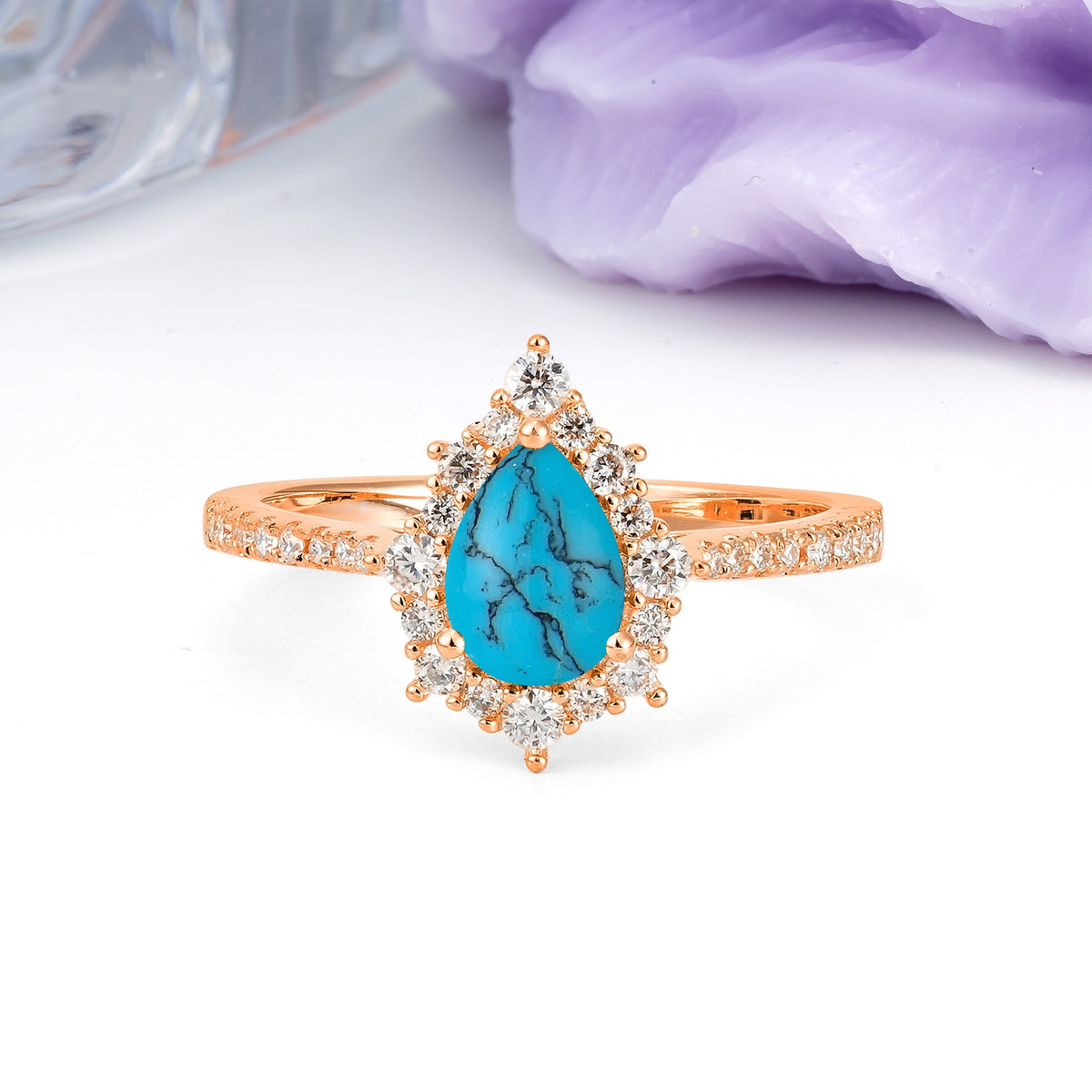 Classic Pavé-Set, Luxurious 3-Prong Pear-Cut Turquoise Engagement Ring - Additional view