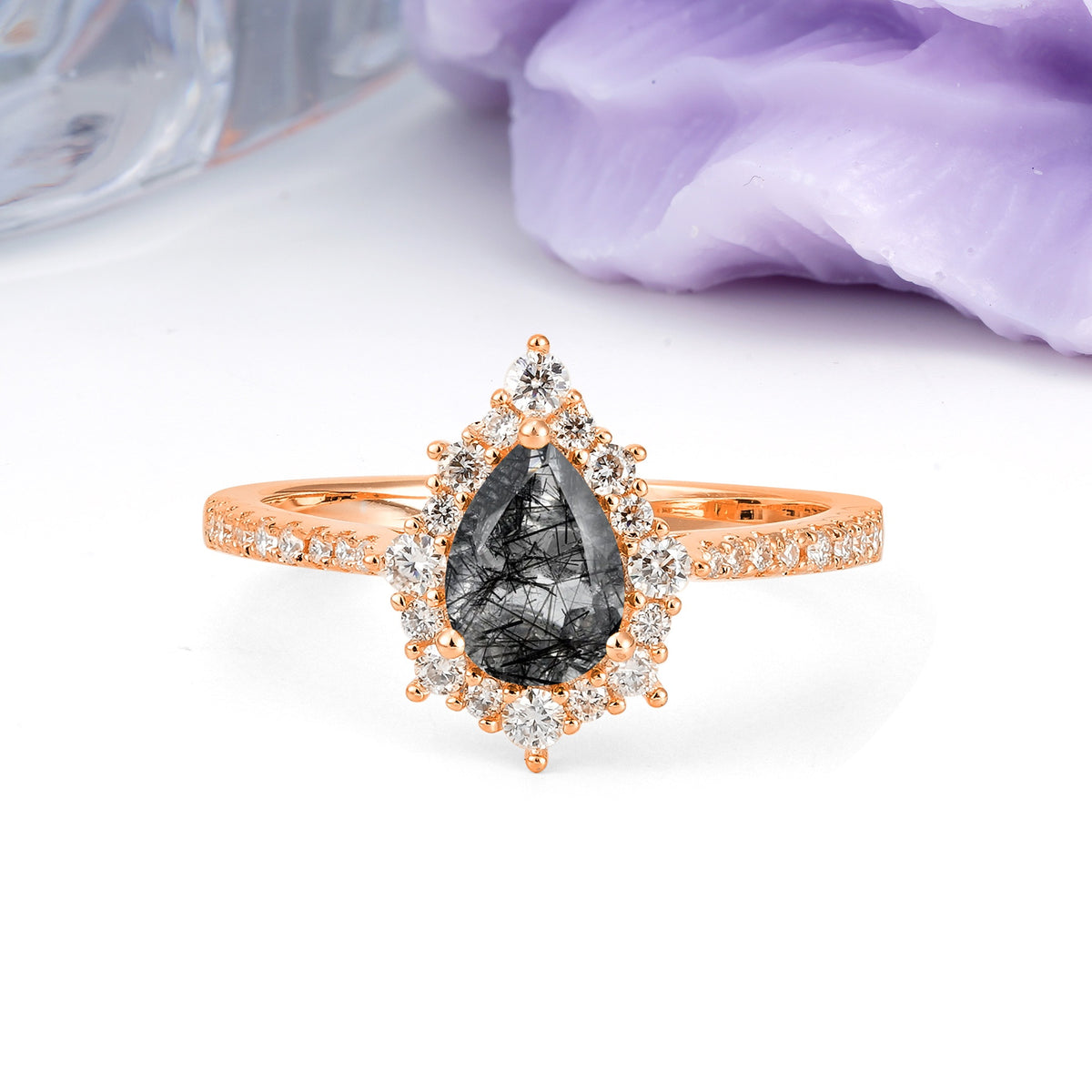 Classic Pavé-Set, Luxurious 3-Prong Pear-Cut Black Rutilated Quartz Engagement Ring - Additional view