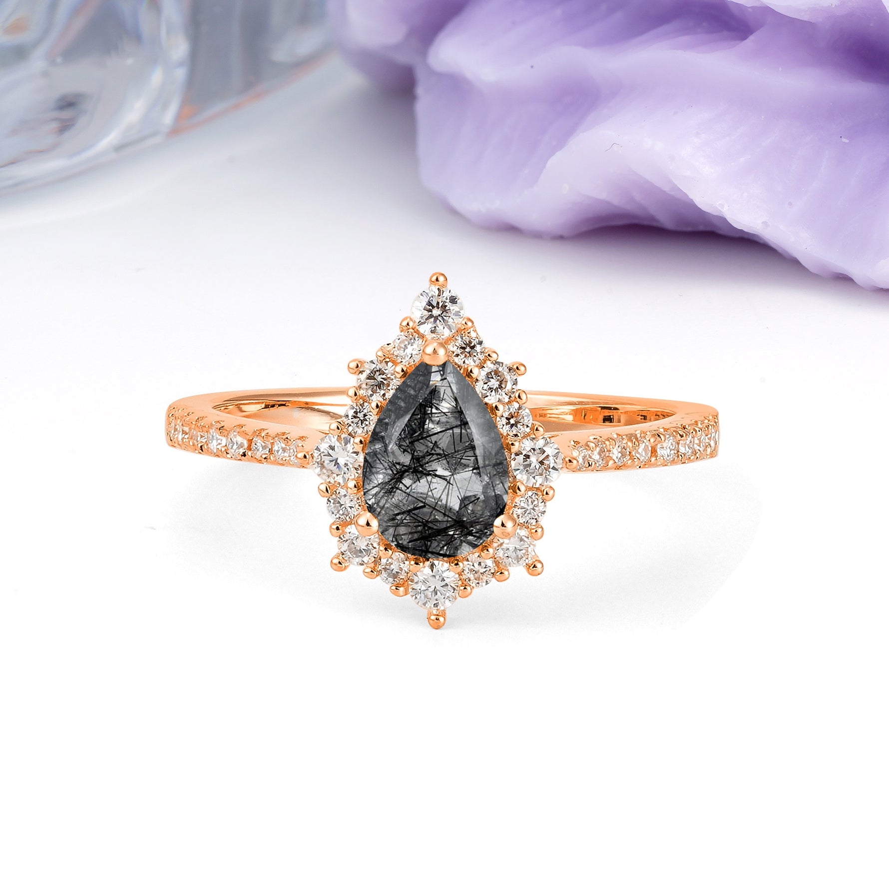 Classic Pavé-Set, Luxurious 3-Prong Pear-Cut Black Rutilated Quartz Engagement Ring - Additional view