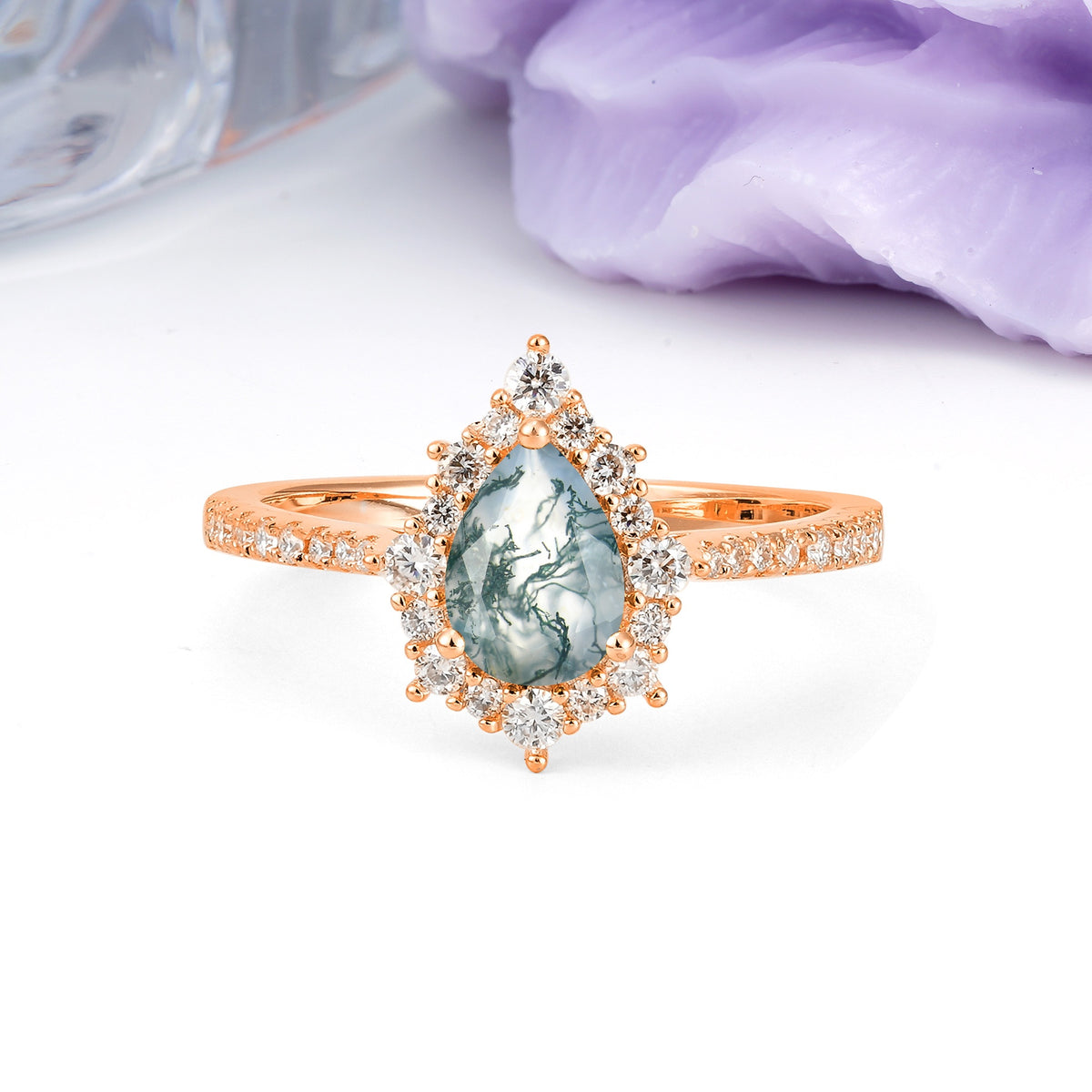 Classic Pavé-Set, Luxurious 3-Prong Pear-Cut Moss Agate Engagement Ring - Additional view