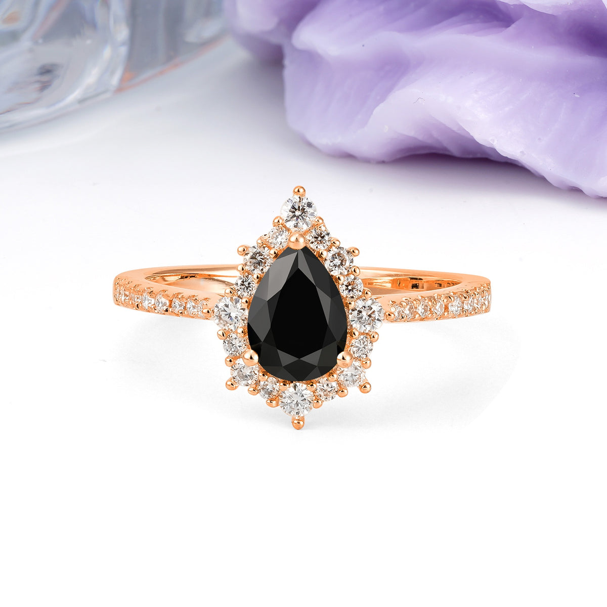 Classic Pavé-Set, Luxurious 3-Prong Pear-Cut Black Onyx Engagement Ring - Additional view