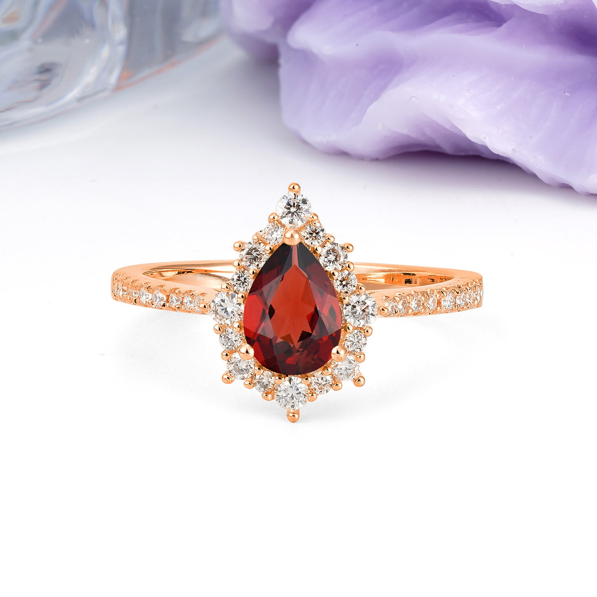 Classic Pavé-Set, Luxurious 3-Prong Pear-Cut Garnet Engagement Ring - Additional view